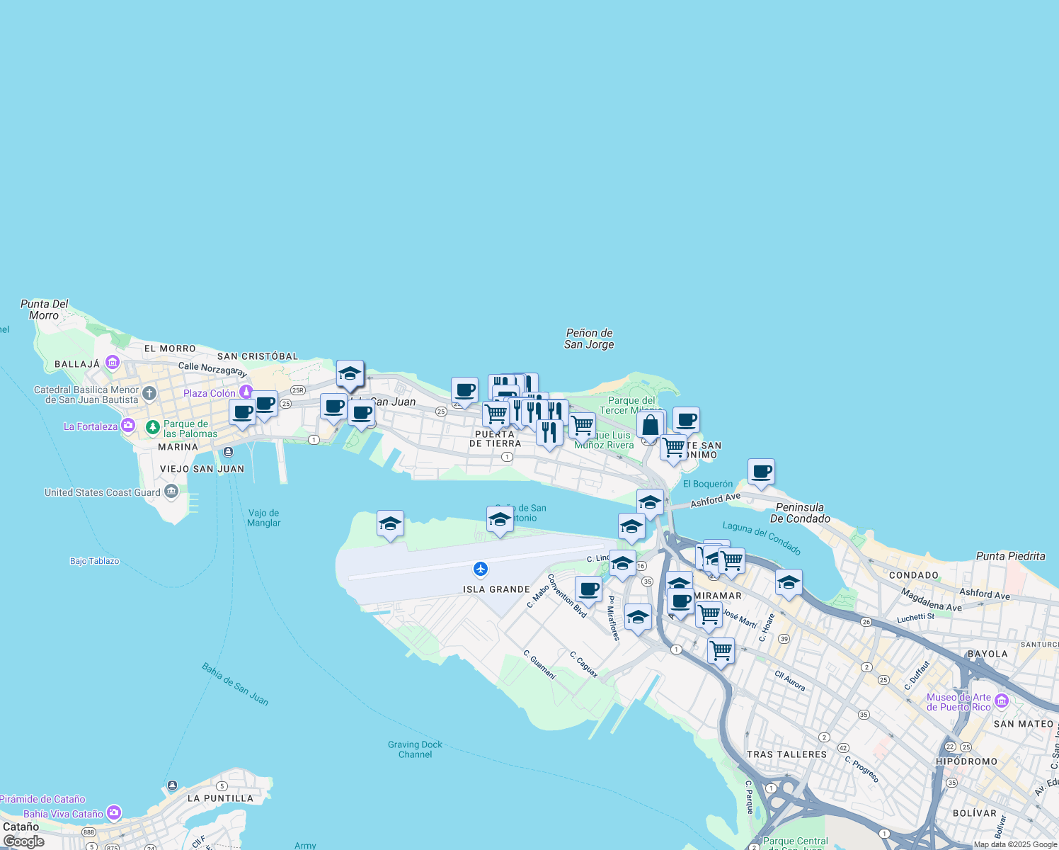 map of restaurants, bars, coffee shops, grocery stores, and more near in San Juan