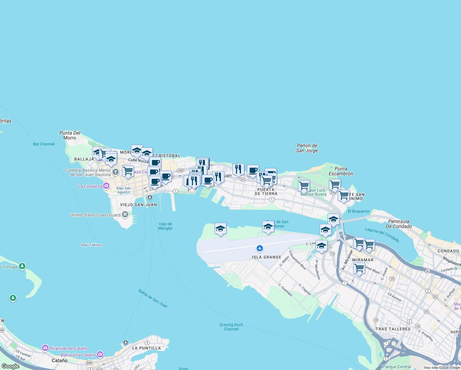 map of restaurants, bars, coffee shops, grocery stores, and more near Calle San Andrés in San Juan