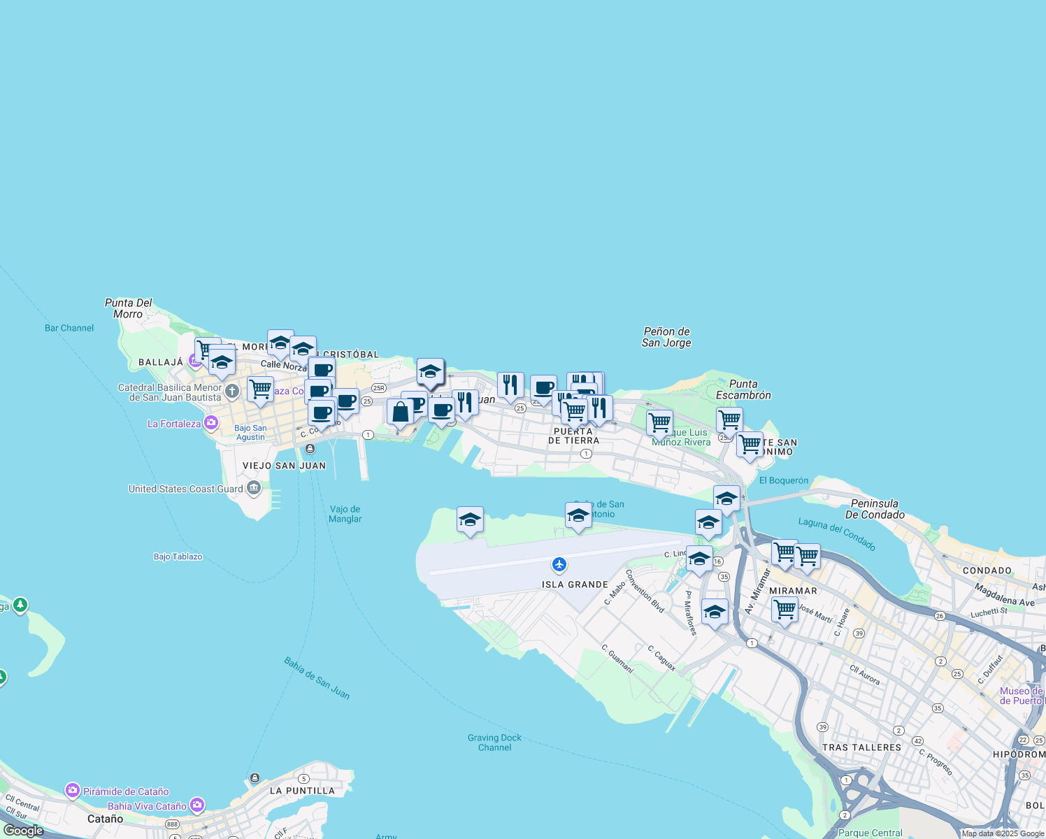 map of restaurants, bars, coffee shops, grocery stores, and more near 233 Calle San Agustín in San Juan