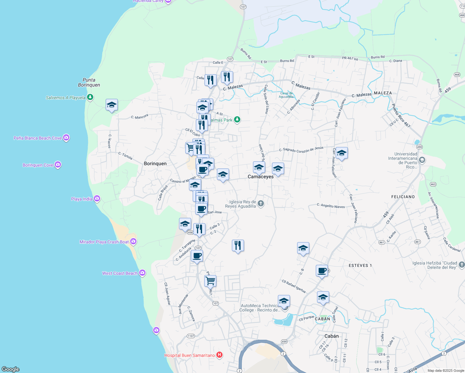 map of restaurants, bars, coffee shops, grocery stores, and more near PR-467 in Aguadilla