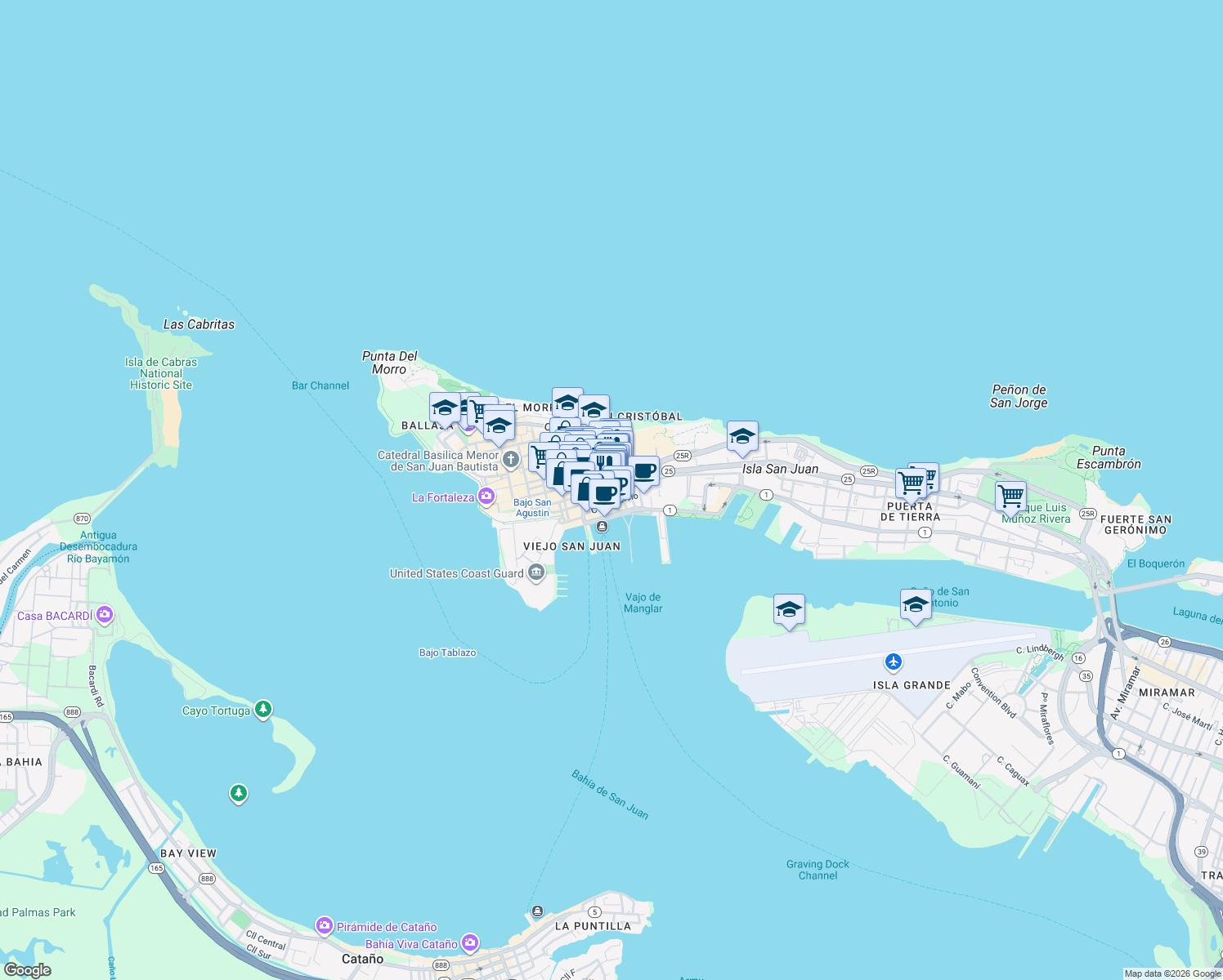 map of restaurants, bars, coffee shops, grocery stores, and more near 331 Calle Recinto Sur in San Juan