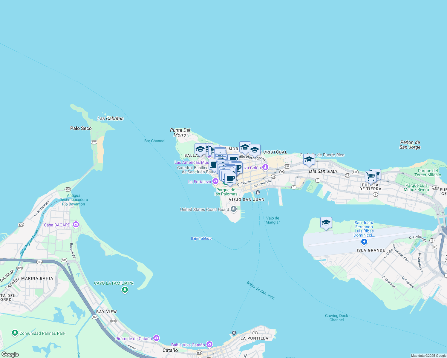 map of restaurants, bars, coffee shops, grocery stores, and more near 200c Calle del Cristo in San Juan