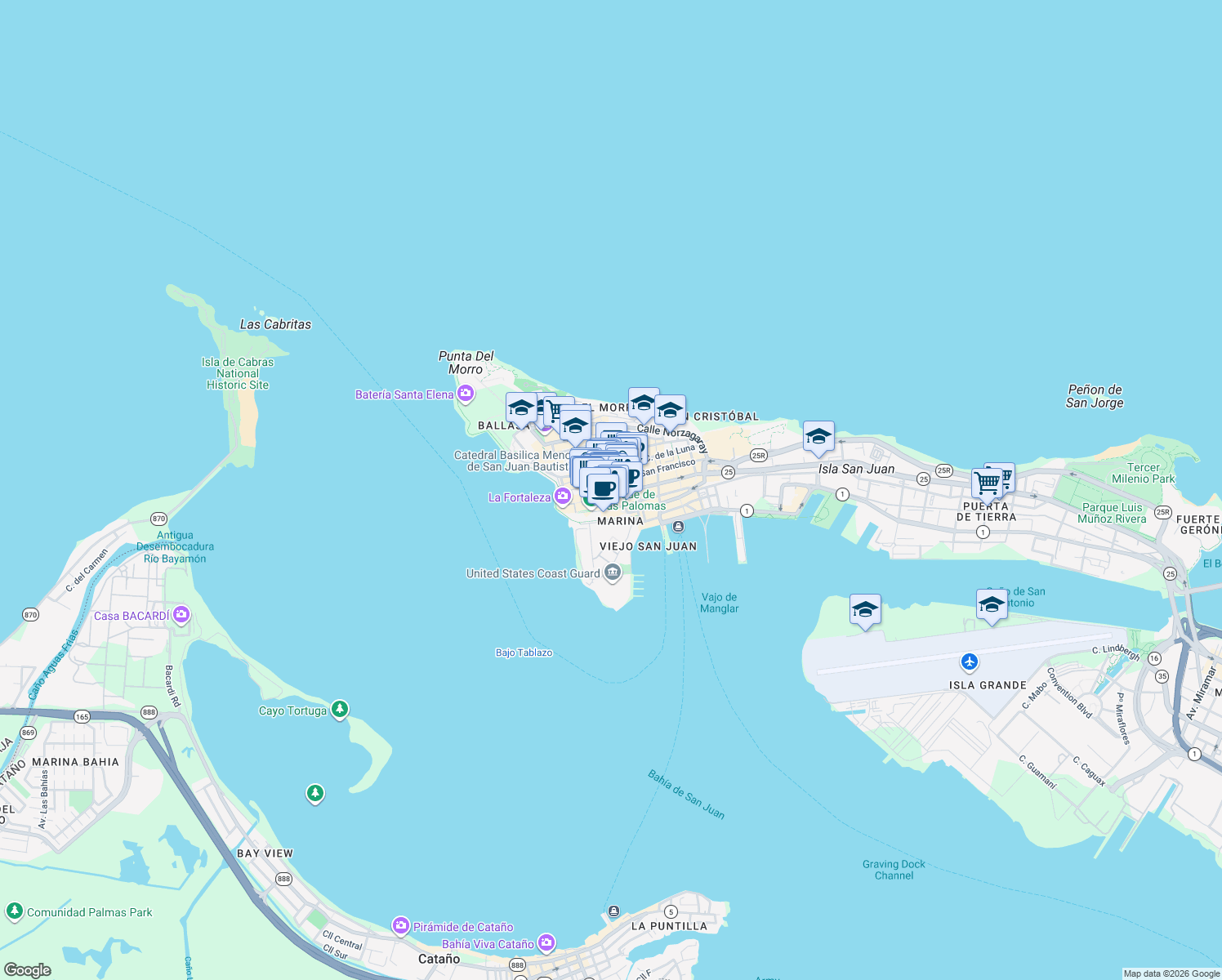 map of restaurants, bars, coffee shops, grocery stores, and more near 201 Calle San Francisco in San Juan