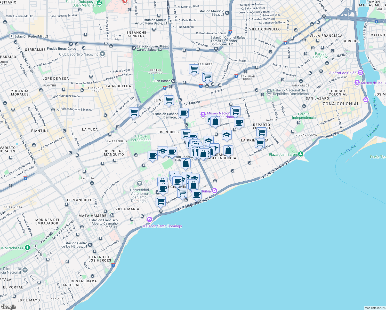 map of restaurants, bars, coffee shops, grocery stores, and more near Calle Ramón Santana in Santo Domingo