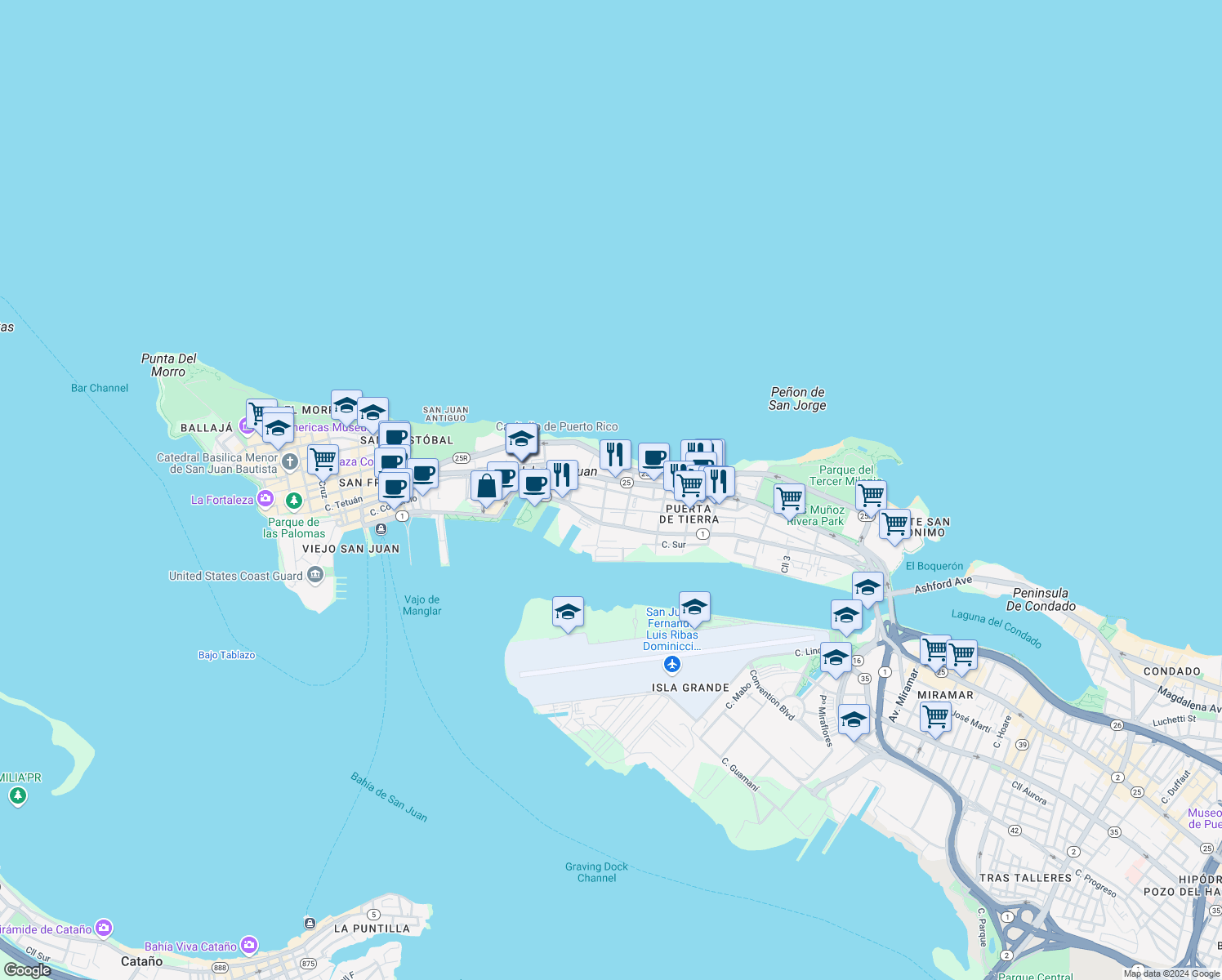 map of restaurants, bars, coffee shops, grocery stores, and more near 201-233 Calle San Agustín in San Juan