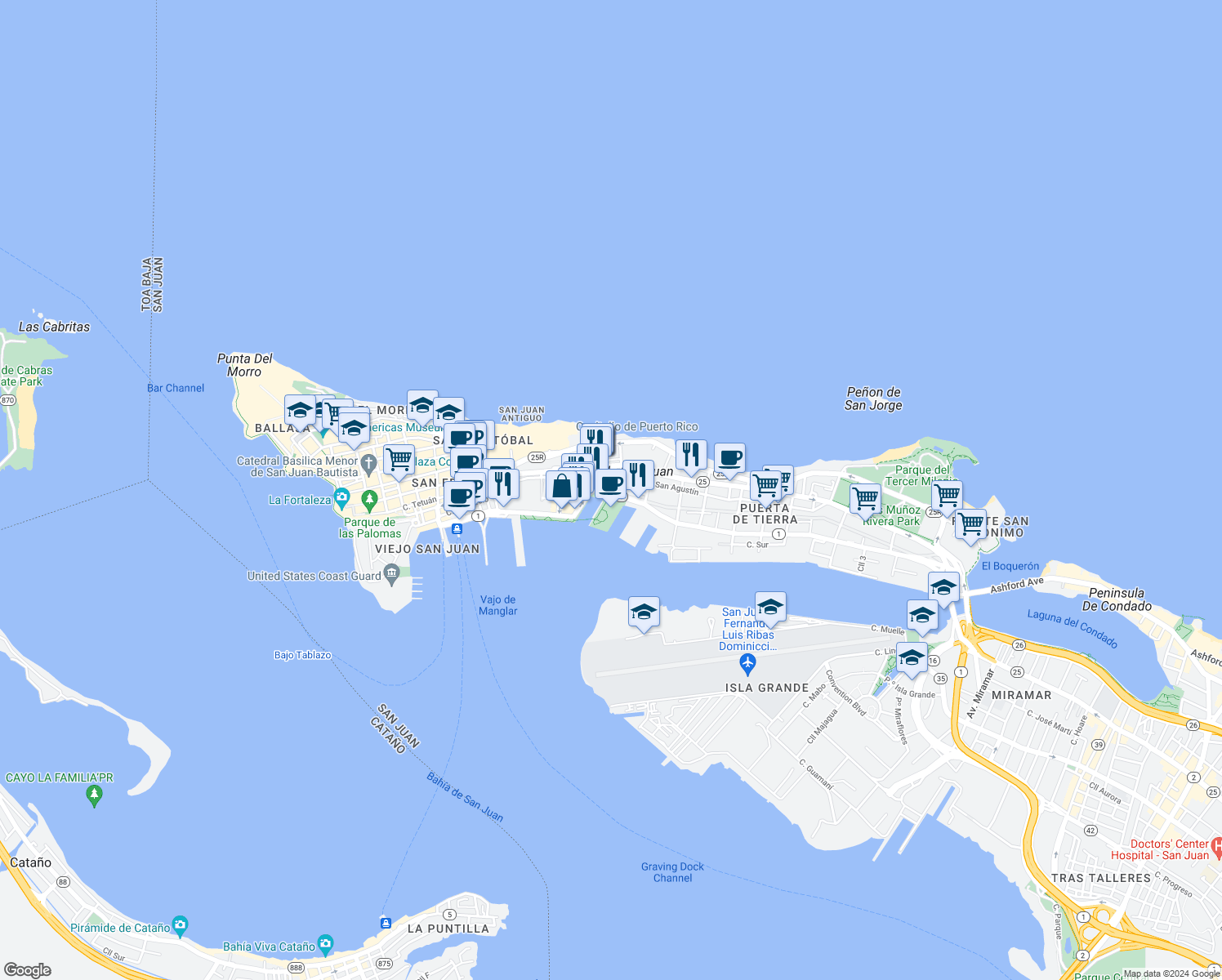 map of restaurants, bars, coffee shops, grocery stores, and more near in San Juan