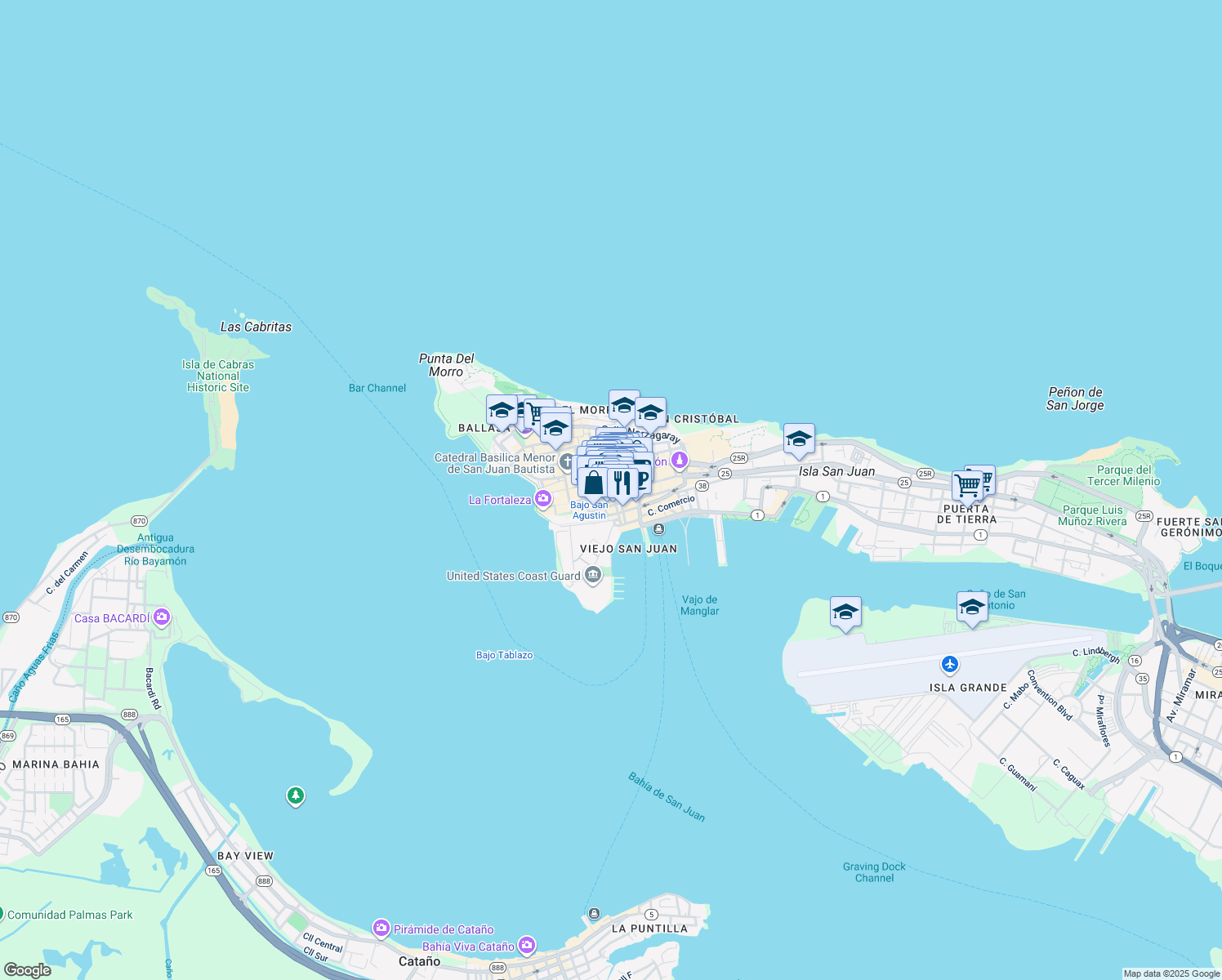 map of restaurants, bars, coffee shops, grocery stores, and more near 208 Calle de la Fortaleza in San Juan