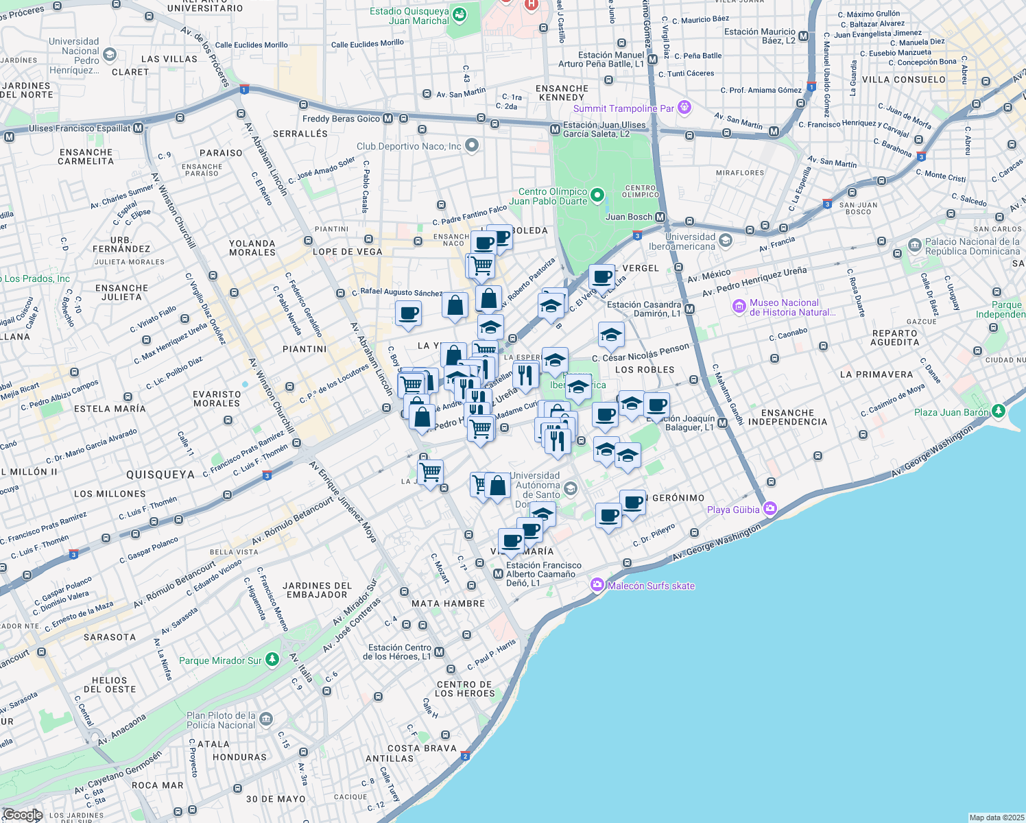 map of restaurants, bars, coffee shops, grocery stores, and more near Calle Madame Curie in Santo Domingo