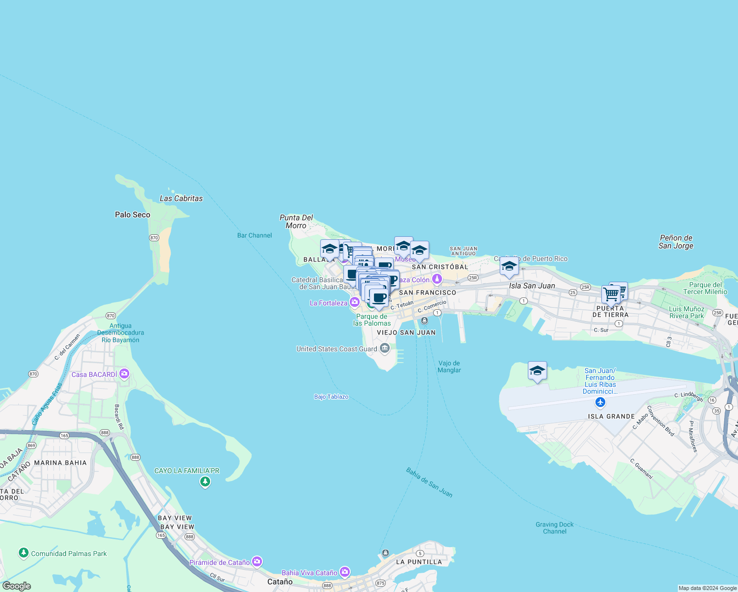 map of restaurants, bars, coffee shops, grocery stores, and more near 200c Calle del Cristo in San Juan