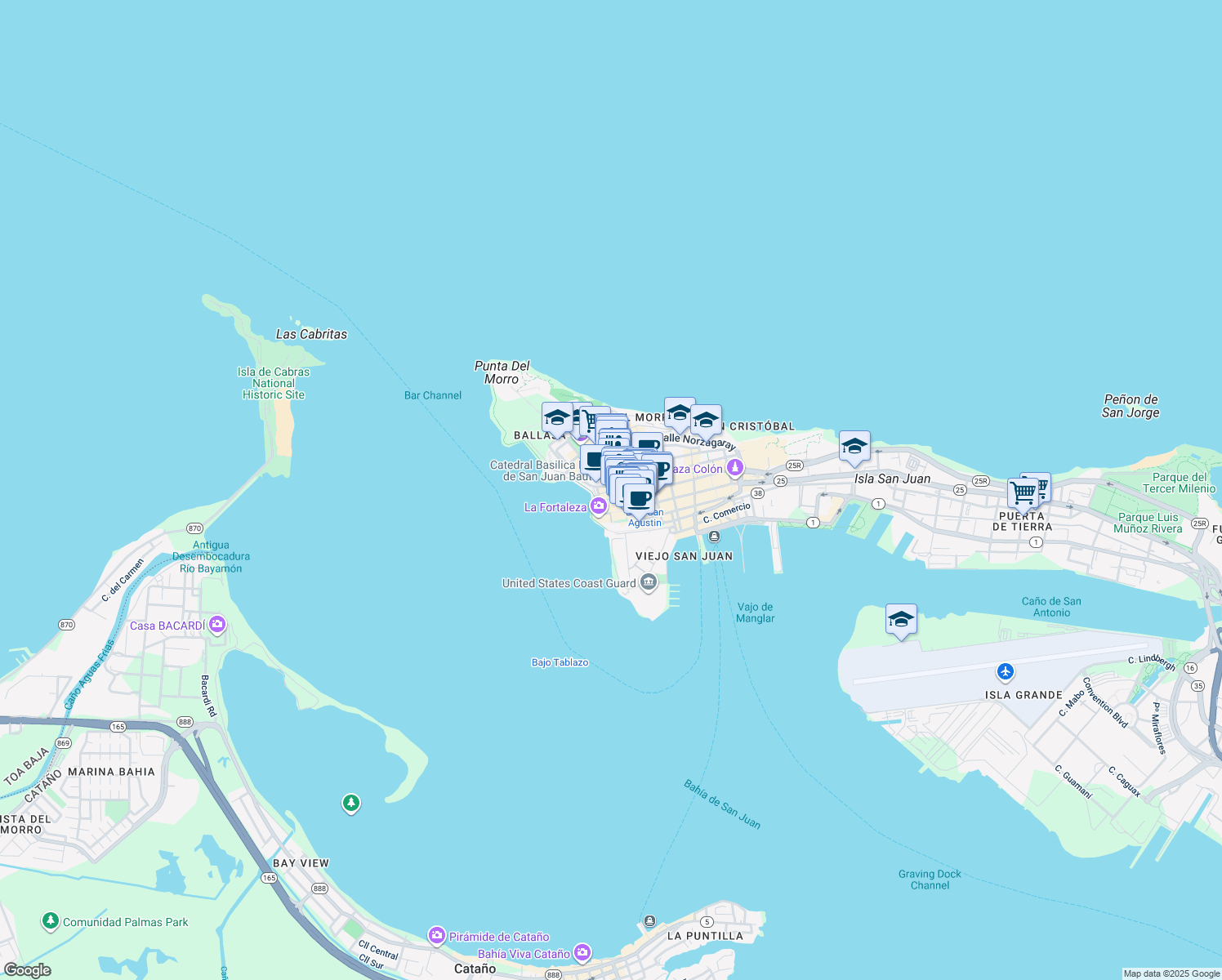 map of restaurants, bars, coffee shops, grocery stores, and more near 200c Calle del Cristo in San Juan