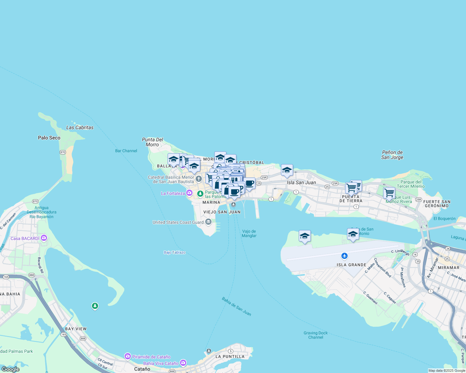 map of restaurants, bars, coffee shops, grocery stores, and more near 316 Calle Fortaleza in San Juan