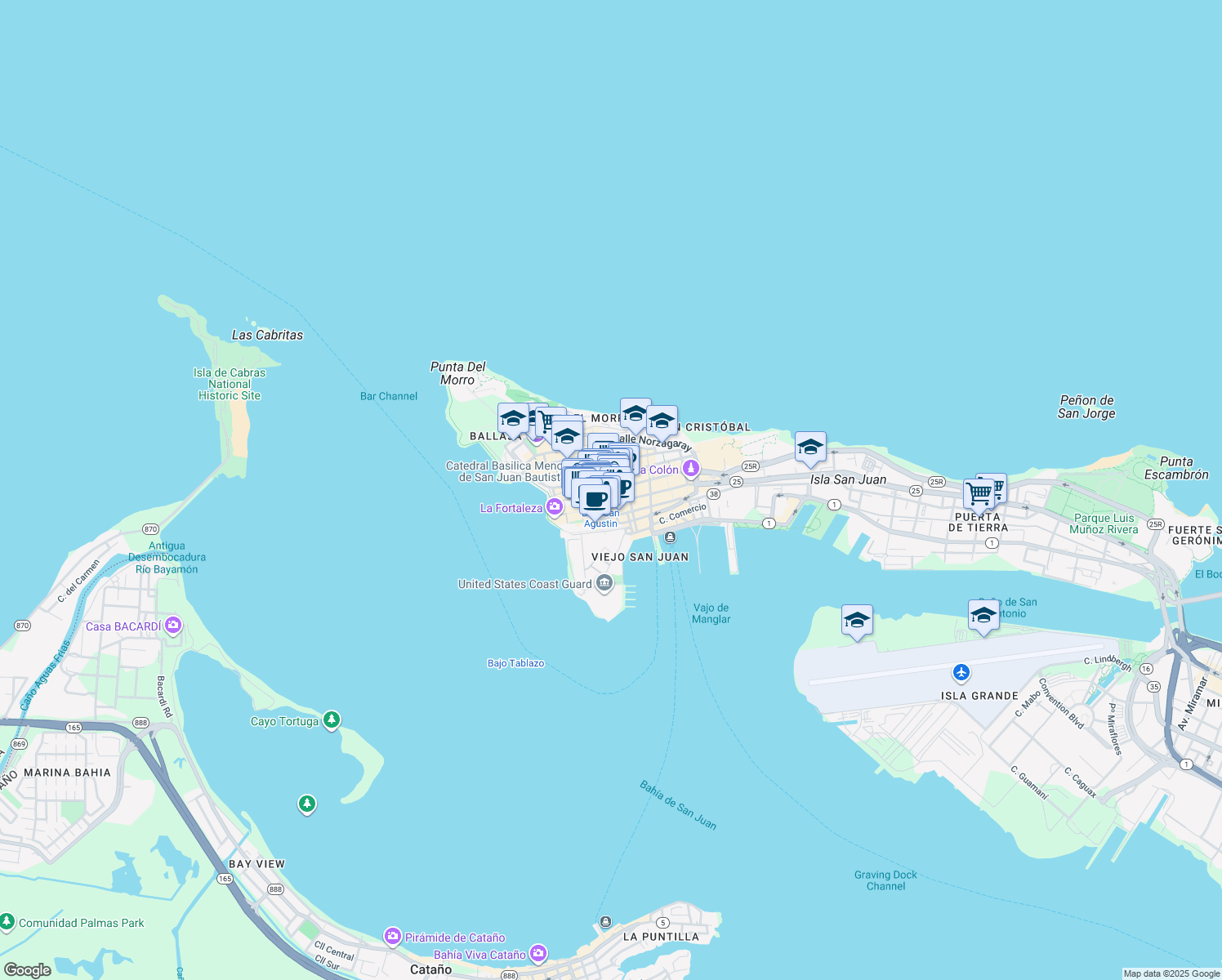 map of restaurants, bars, coffee shops, grocery stores, and more near 201 Calle San Francisco in San Juan
