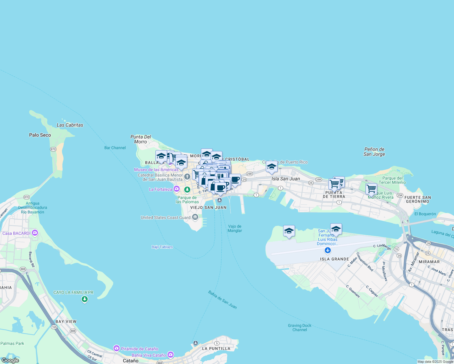 map of restaurants, bars, coffee shops, grocery stores, and more near 331 Calle Recinto Sur in San Juan