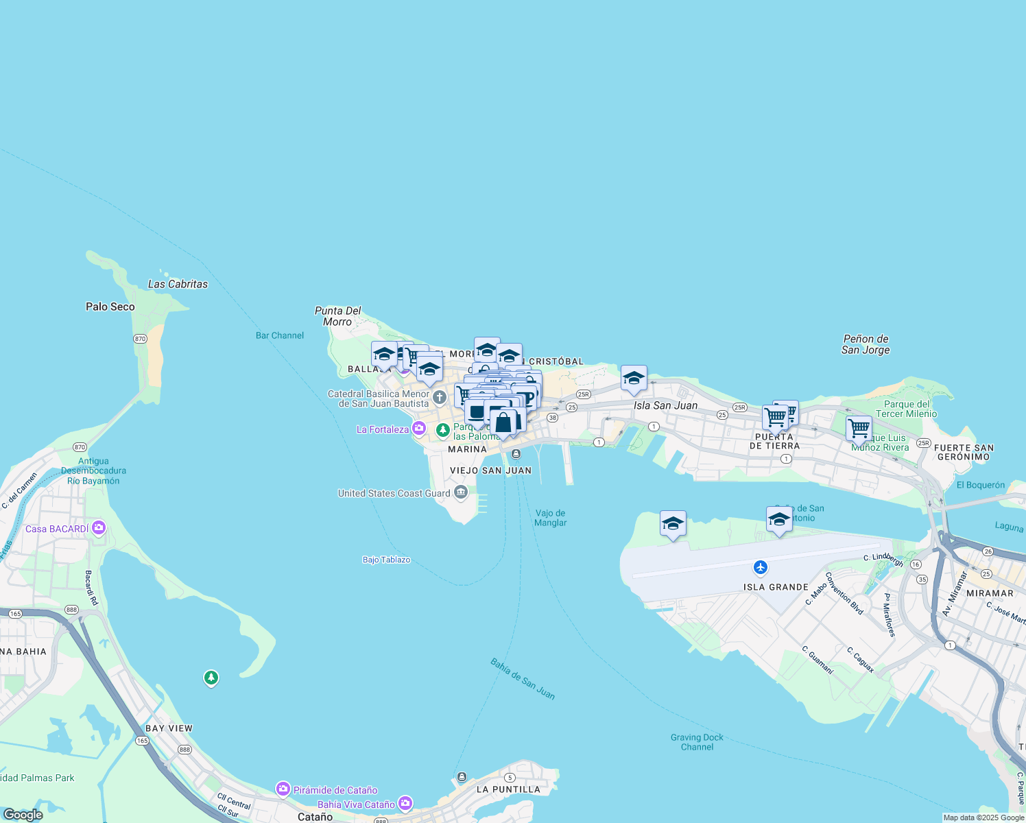 map of restaurants, bars, coffee shops, grocery stores, and more near 317 Calle Fortaleza in San Juan
