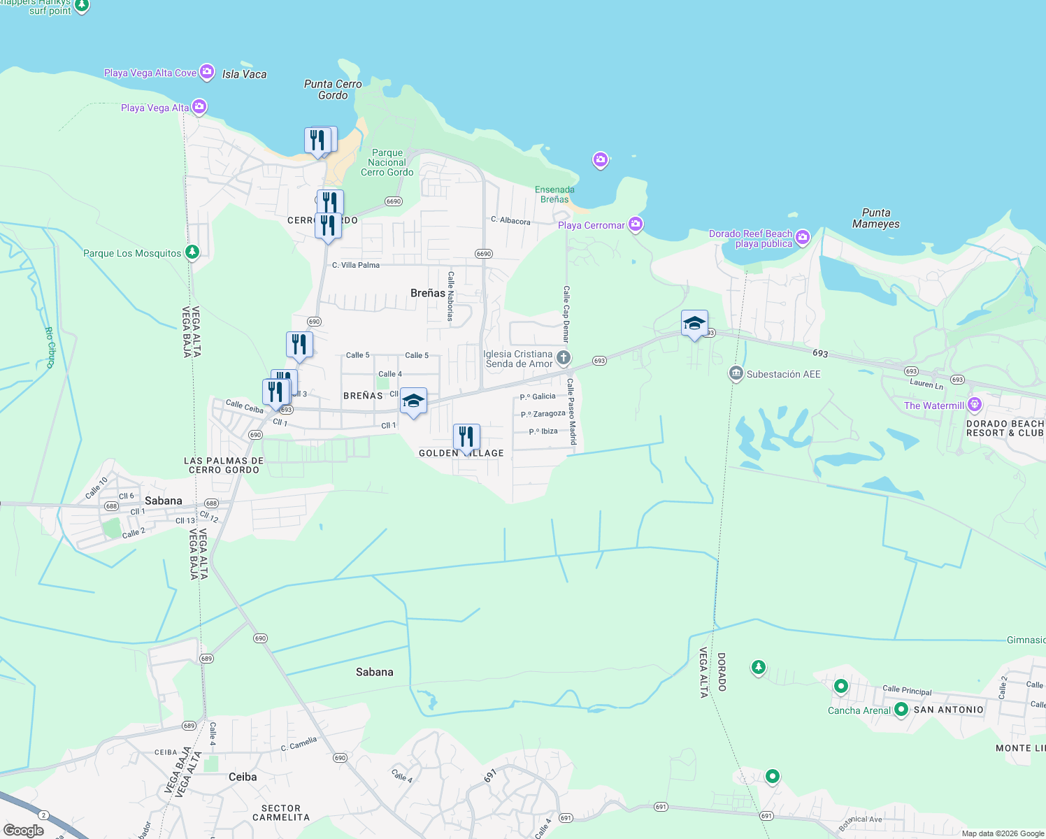 map of restaurants, bars, coffee shops, grocery stores, and more near 14 Paseo Galicia in Vega Alta