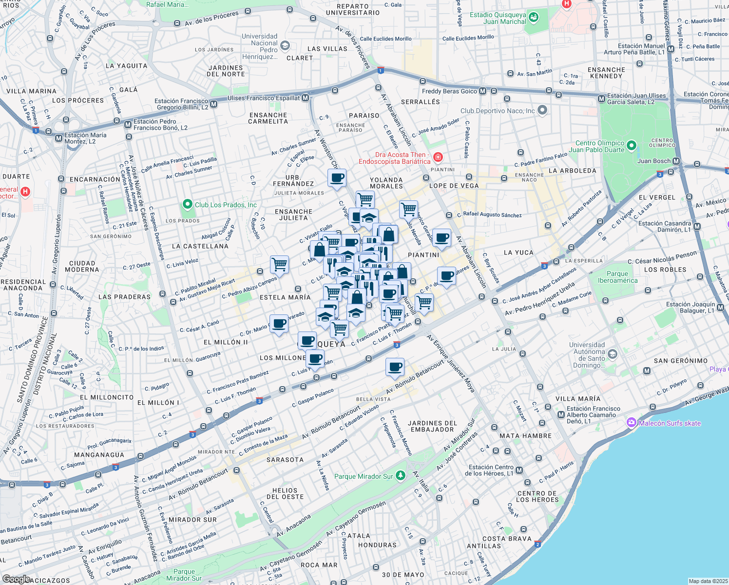 map of restaurants, bars, coffee shops, grocery stores, and more near 151 Calle Victor Garrido Puello in Santo Domingo