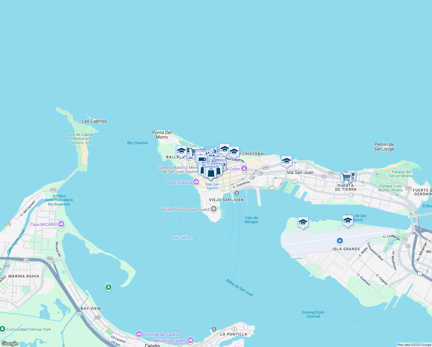 map of restaurants, bars, coffee shops, grocery stores, and more near in San Juan