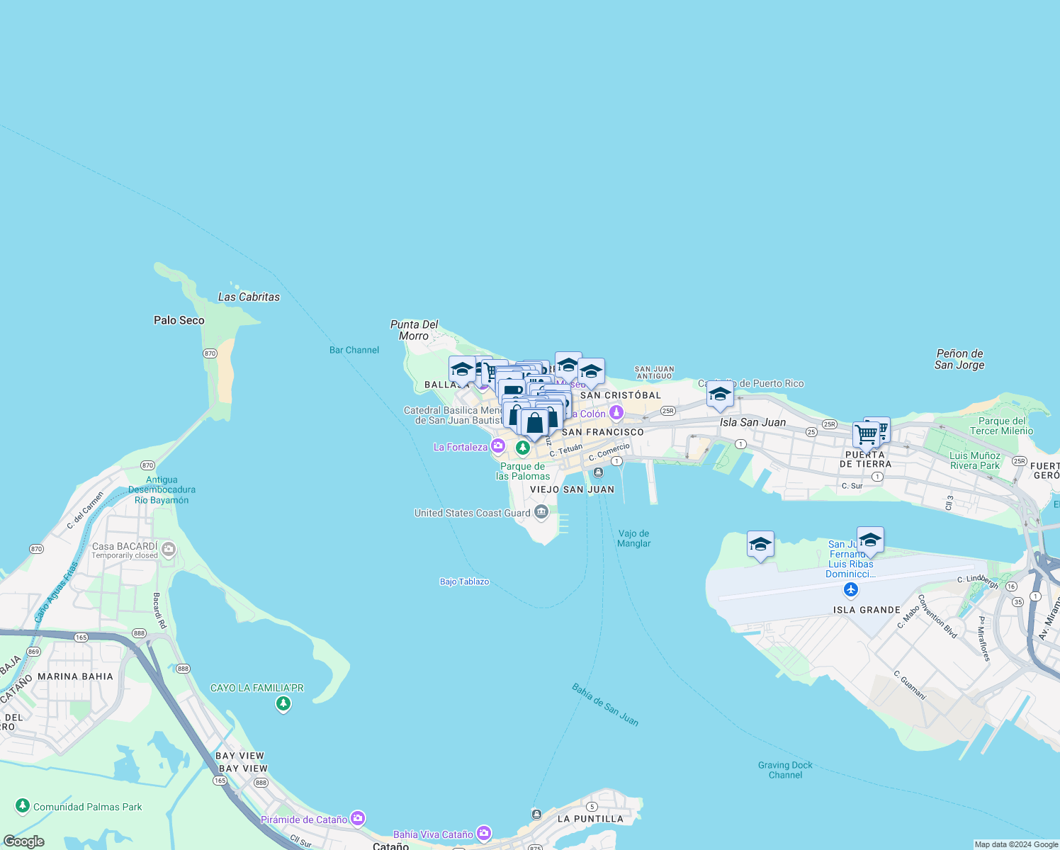 map of restaurants, bars, coffee shops, grocery stores, and more near in San Juan
