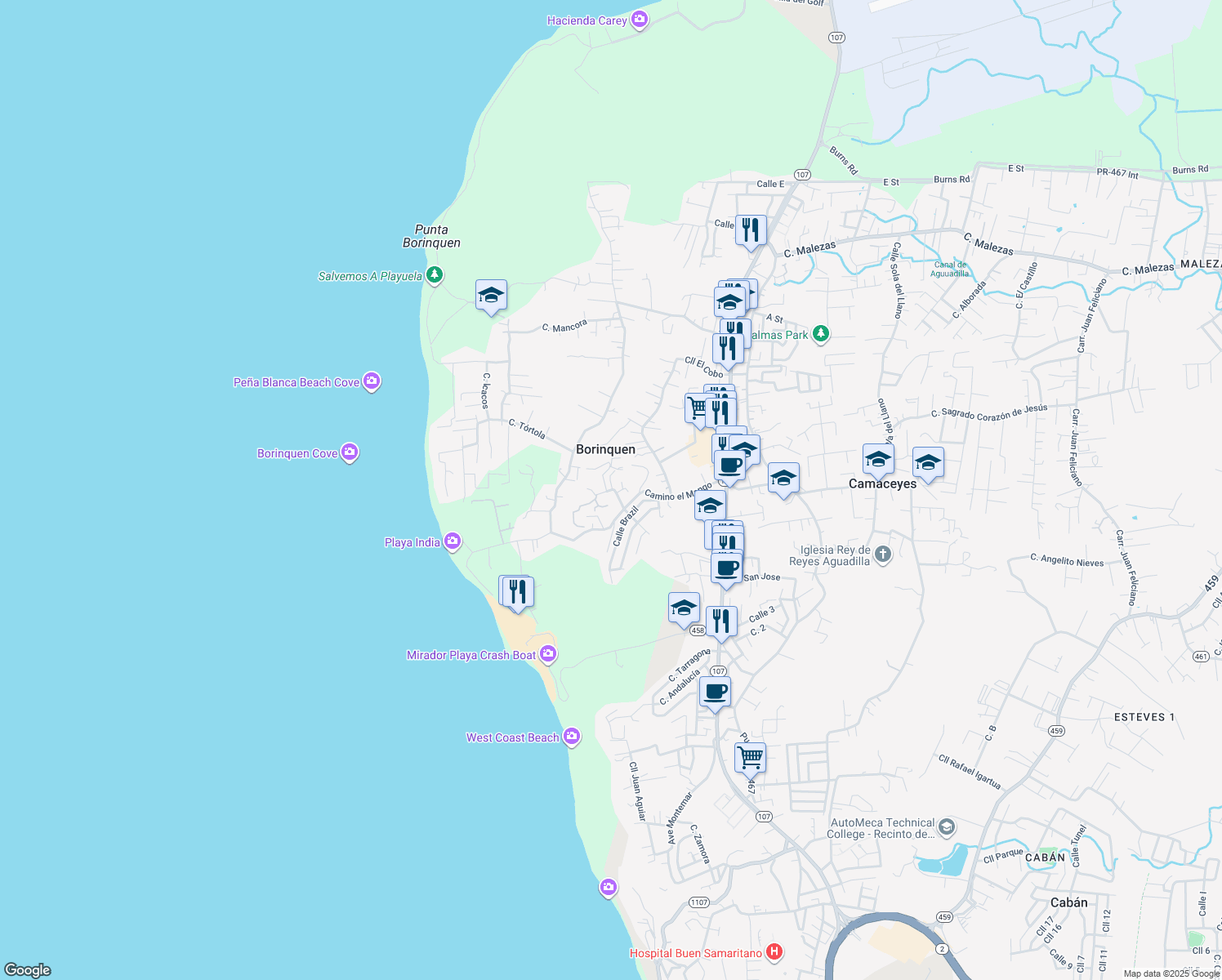 map of restaurants, bars, coffee shops, grocery stores, and more near in Aguadilla