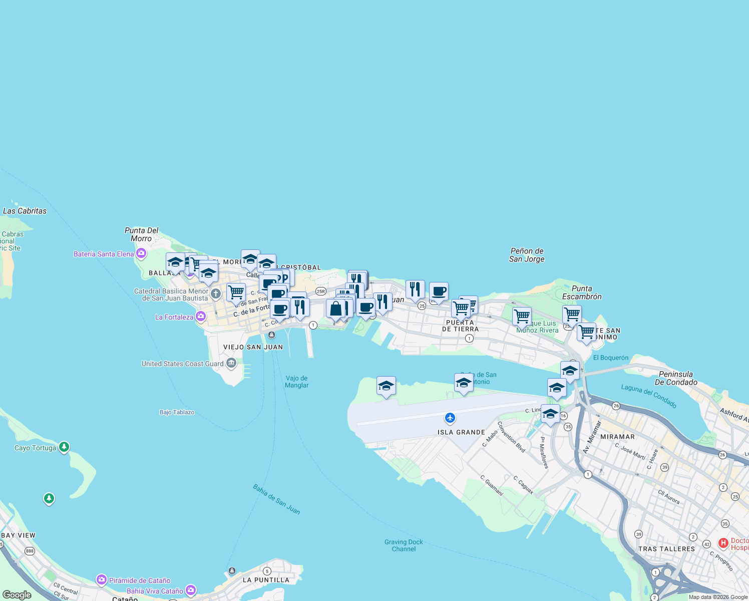 map of restaurants, bars, coffee shops, grocery stores, and more near in San Juan Antiguo