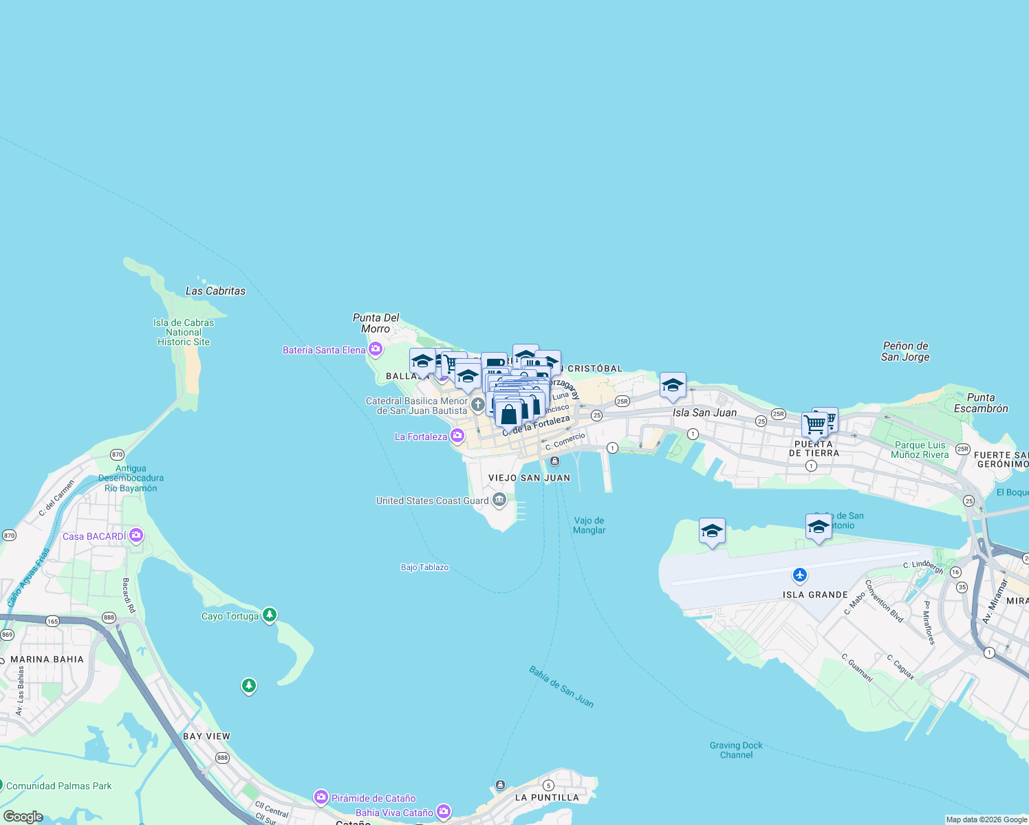 map of restaurants, bars, coffee shops, grocery stores, and more near in San Juan