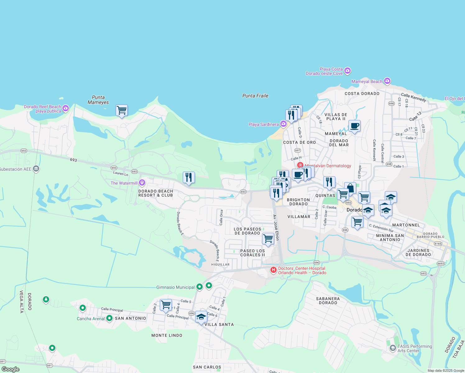 map of restaurants, bars, coffee shops, grocery stores, and more near in Higuillar