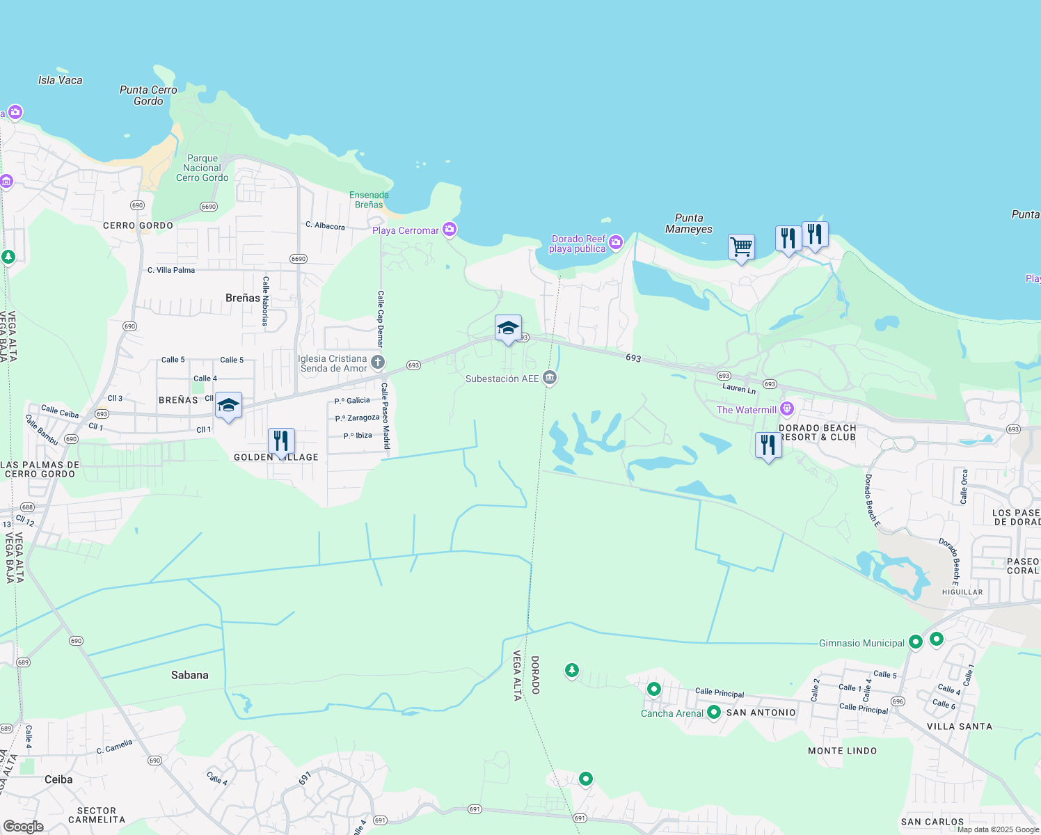 map of restaurants, bars, coffee shops, grocery stores, and more near in Sabana