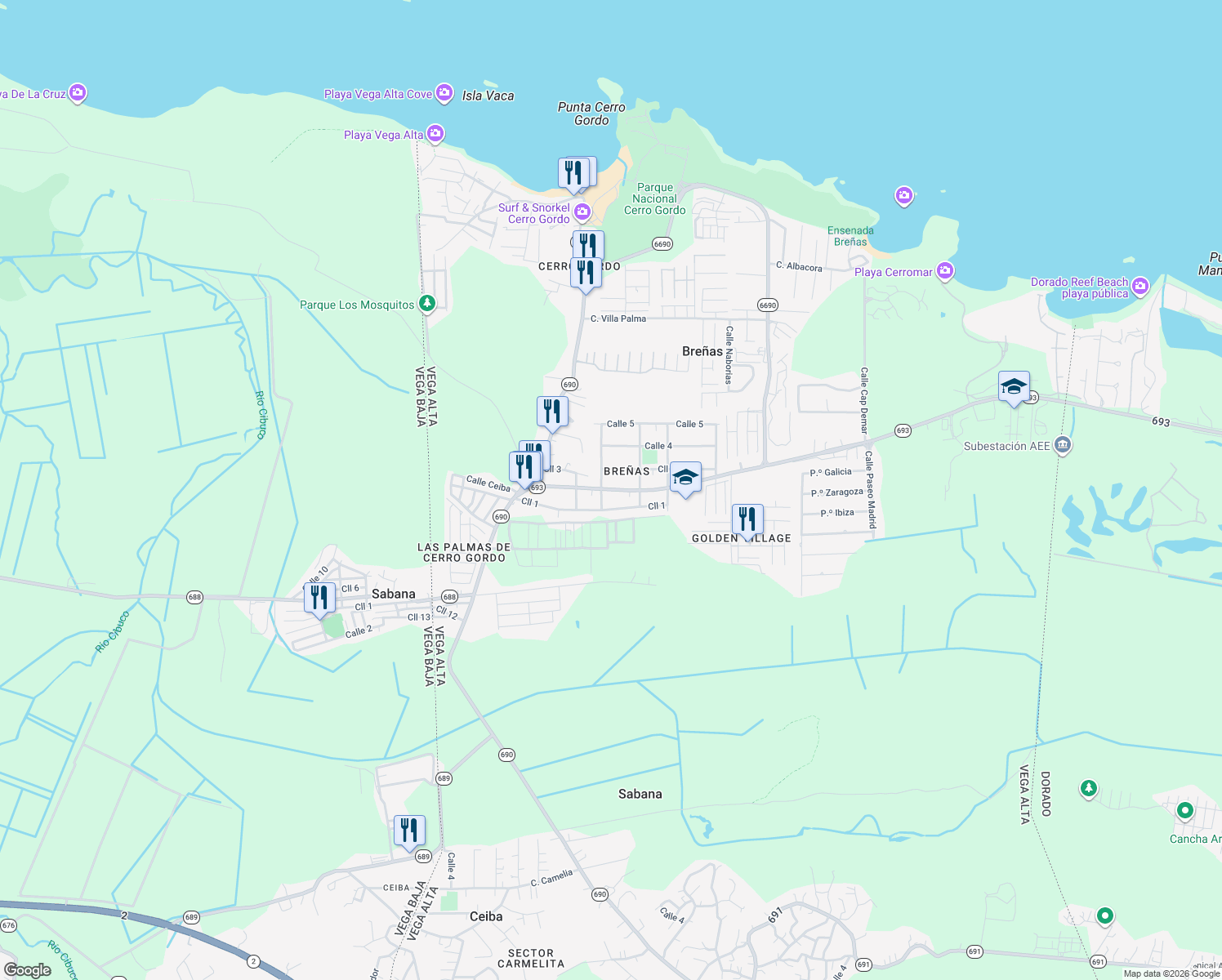 map of restaurants, bars, coffee shops, grocery stores, and more near in Sabana