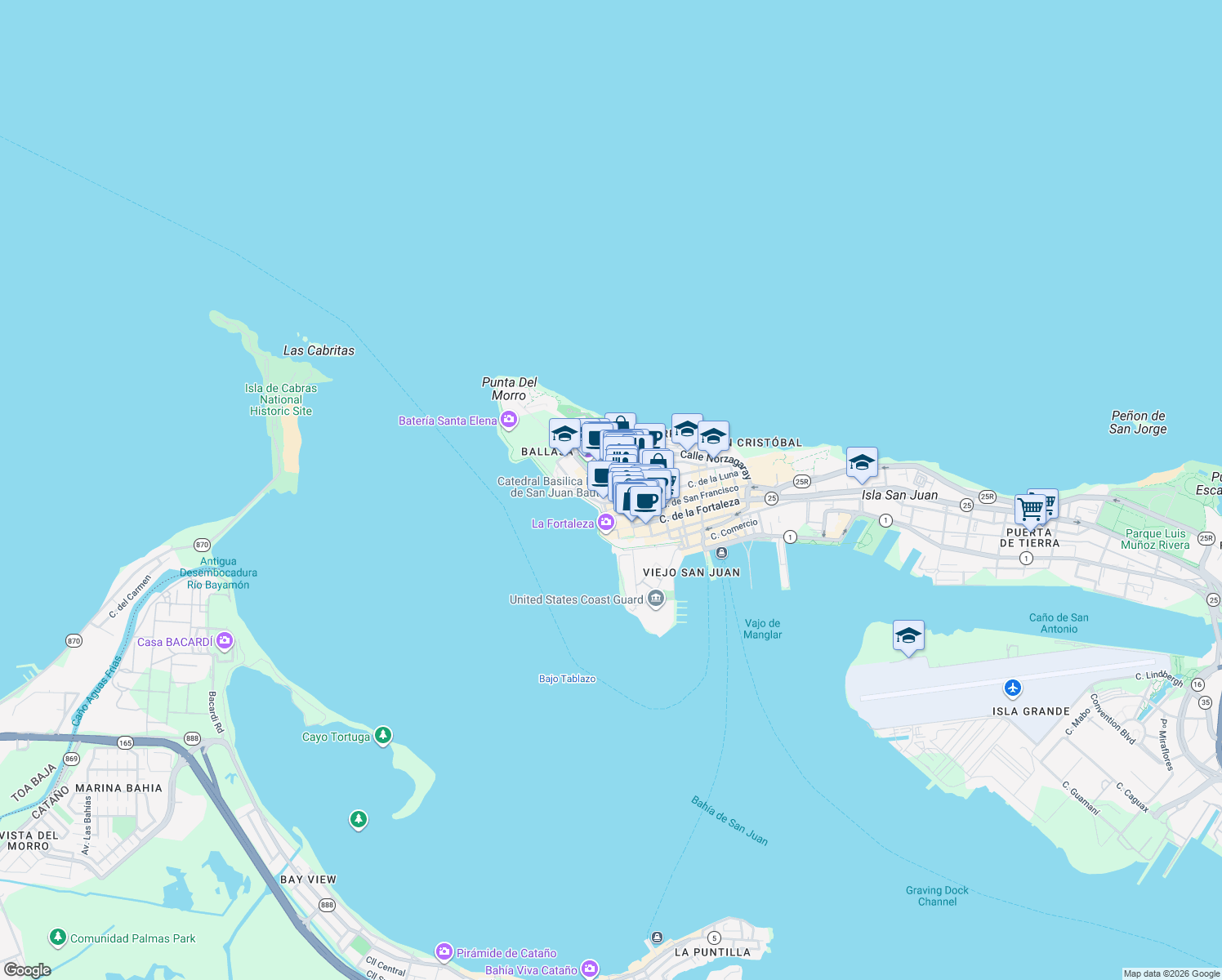 map of restaurants, bars, coffee shops, grocery stores, and more near in San Juan