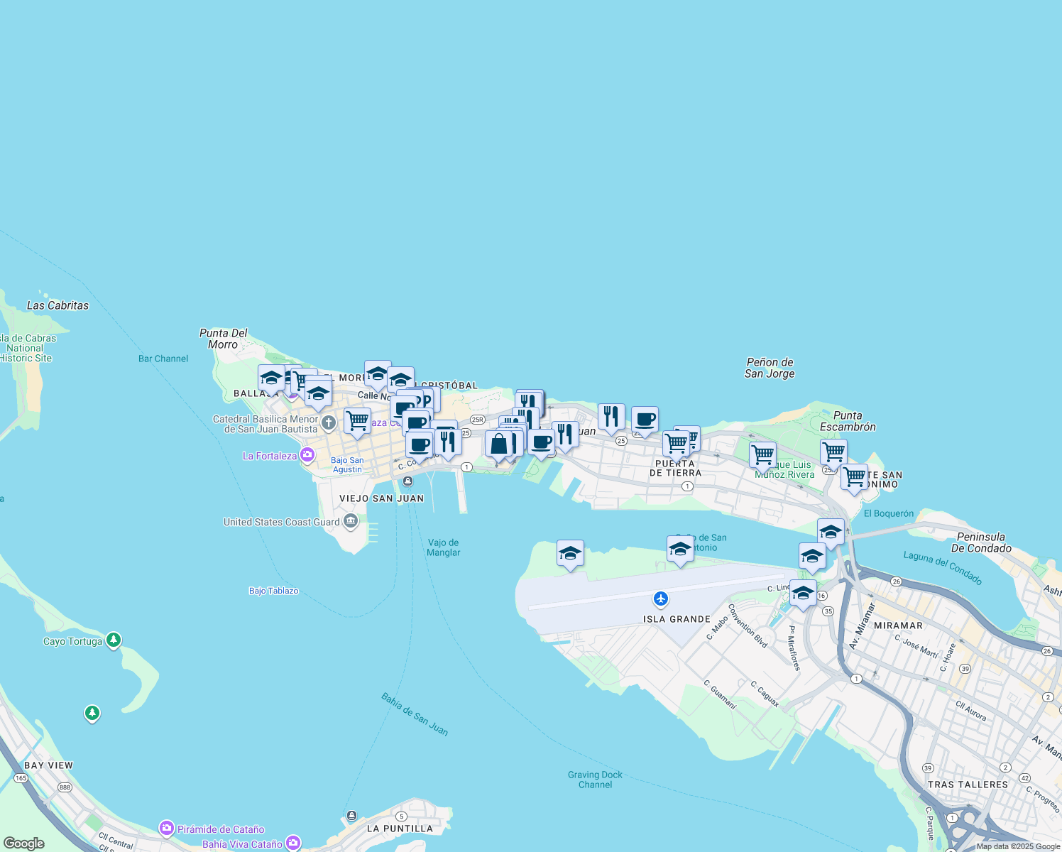 map of restaurants, bars, coffee shops, grocery stores, and more near in San Juan