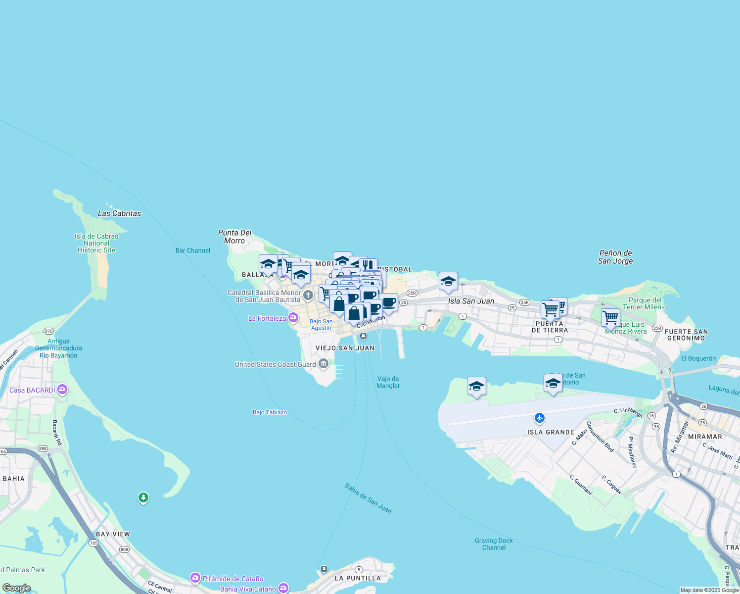 map of restaurants, bars, coffee shops, grocery stores, and more near in San Juan