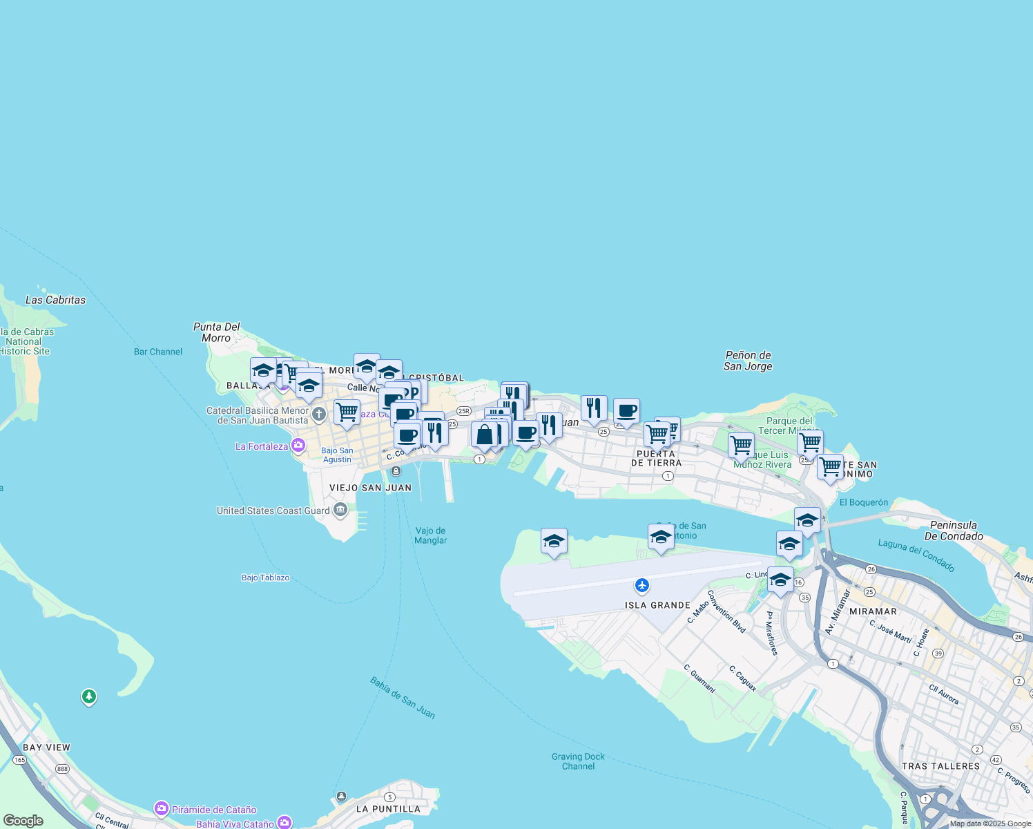 map of restaurants, bars, coffee shops, grocery stores, and more near in San Juan