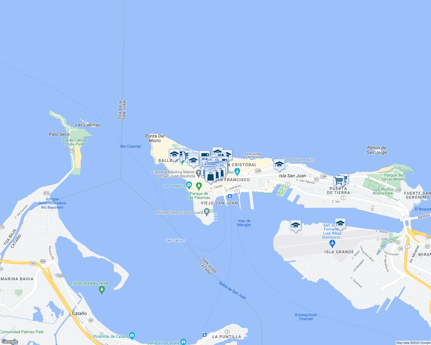 map of restaurants, bars, coffee shops, grocery stores, and more near in San Juan