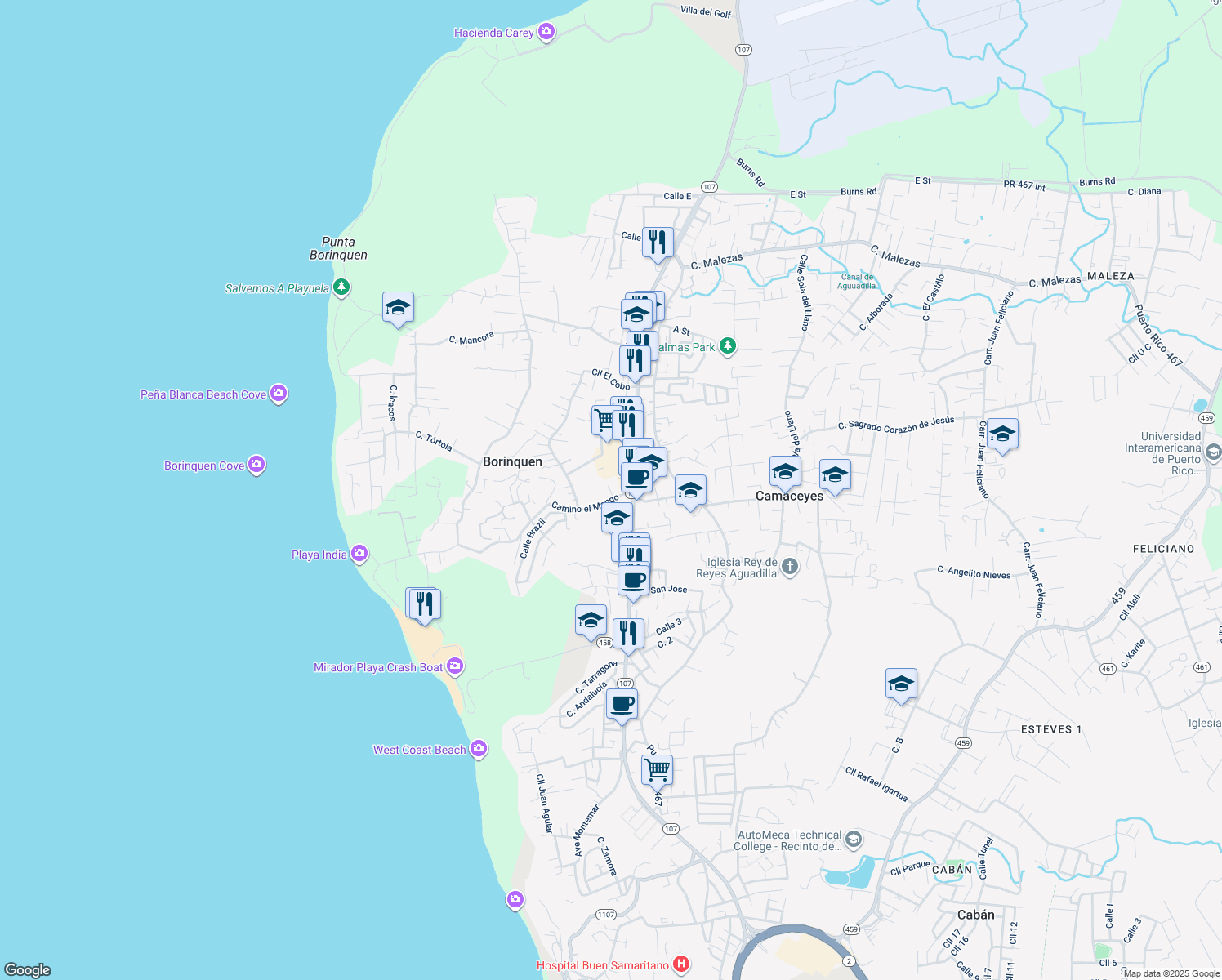 map of restaurants, bars, coffee shops, grocery stores, and more near 2049 Avenue Doctor Pedro Albizu Campos in Aguadilla