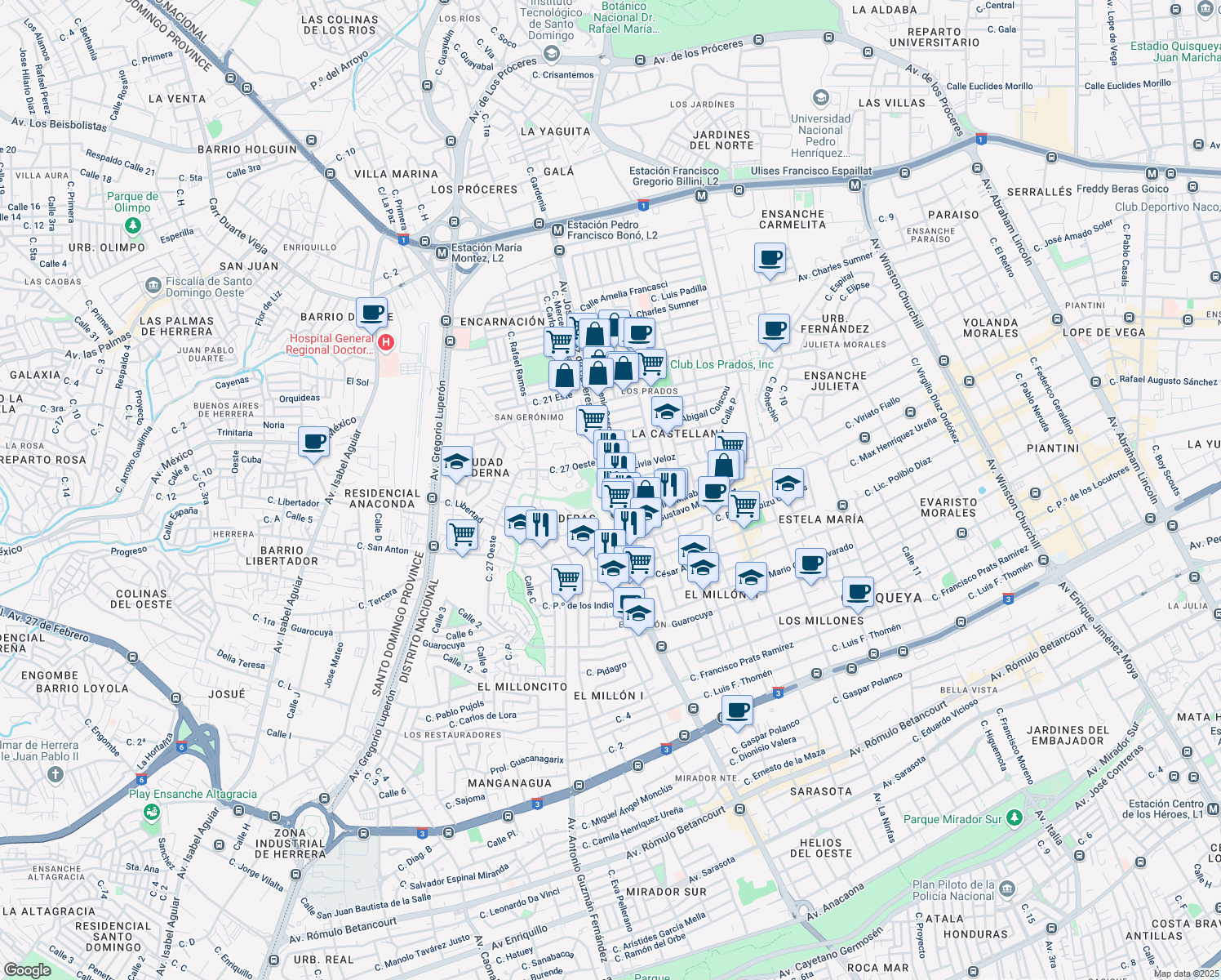 map of restaurants, bars, coffee shops, grocery stores, and more near Avenida Núñez de Cáceres in Santo Domingo