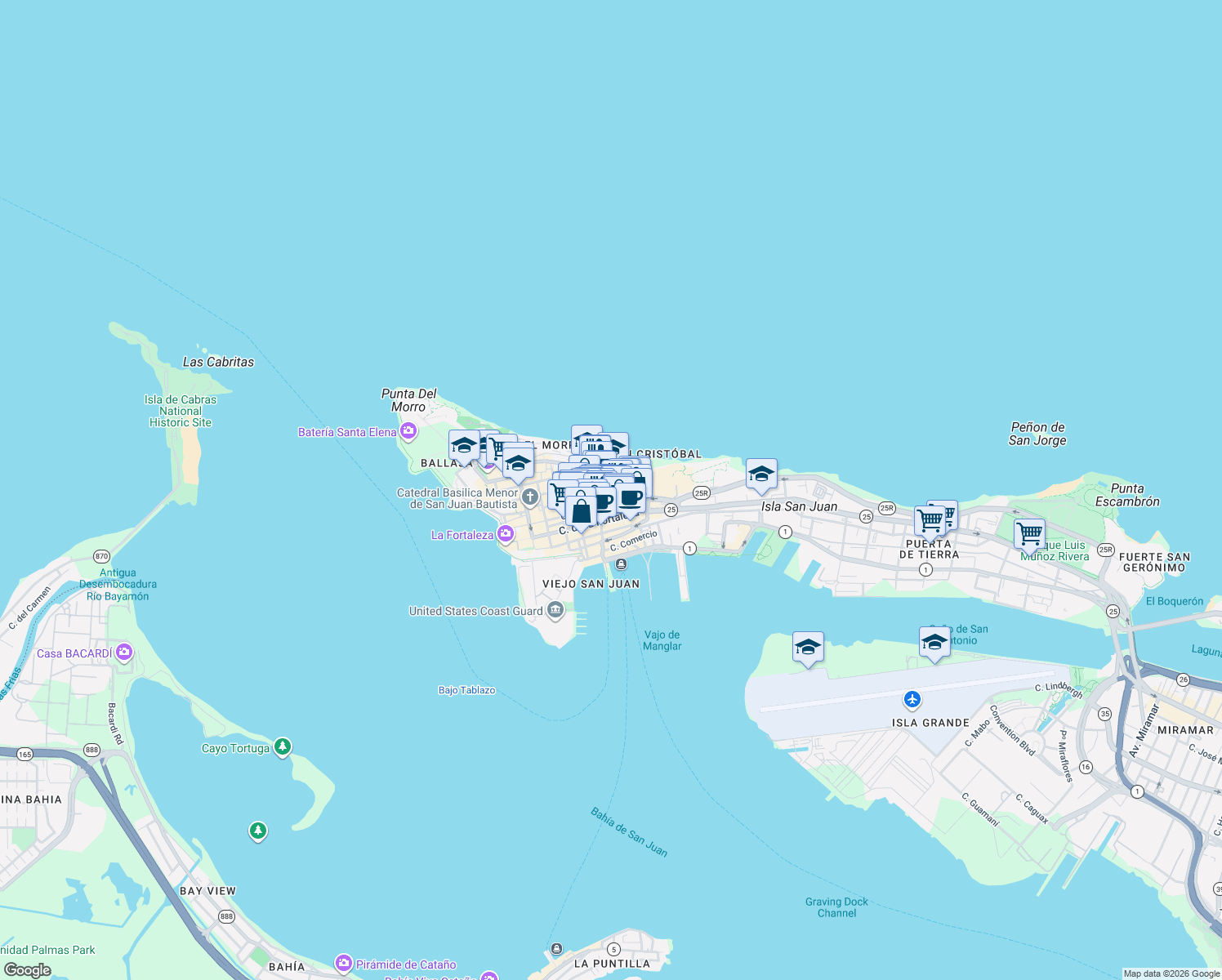 map of restaurants, bars, coffee shops, grocery stores, and more near in San Juan