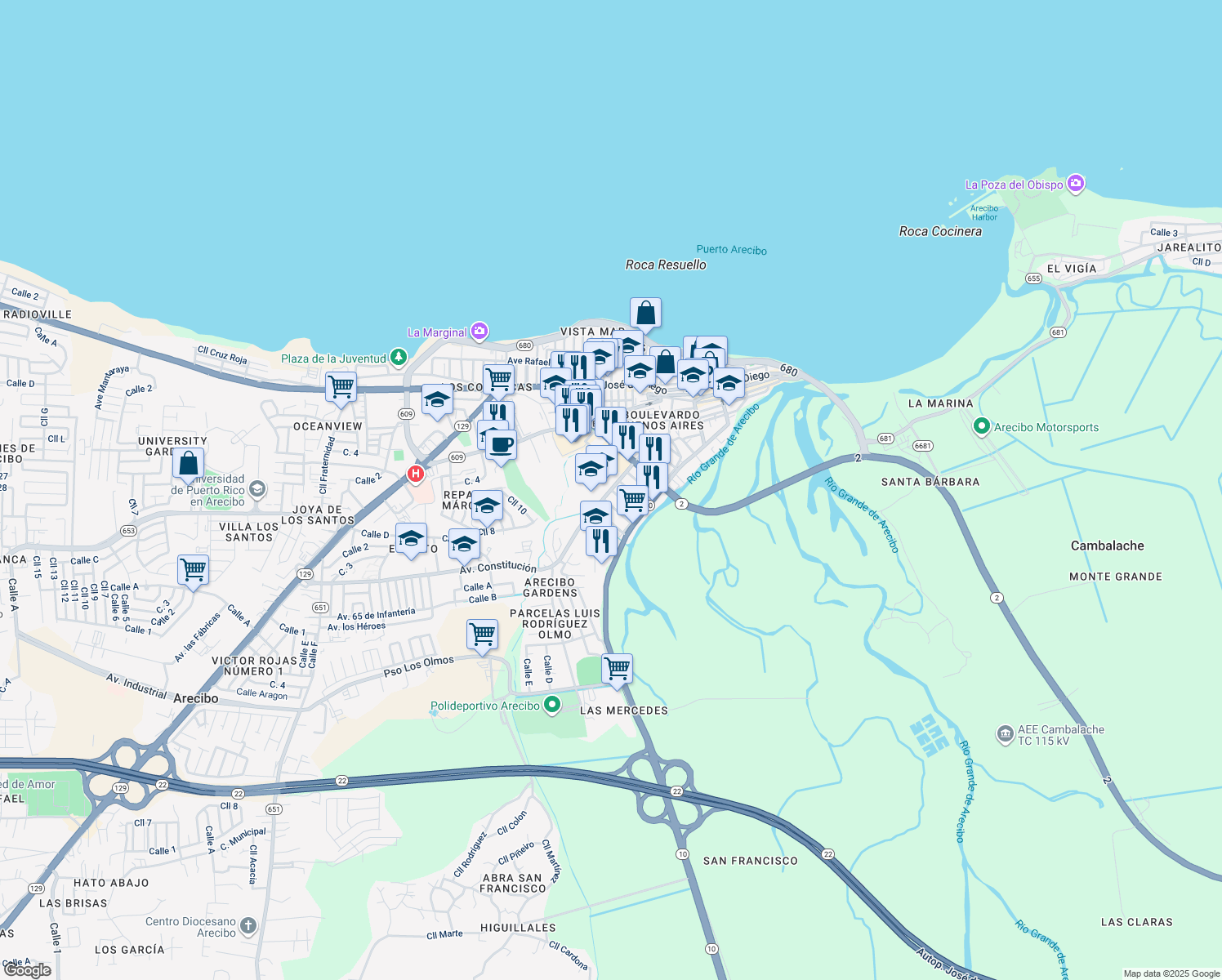 map of restaurants, bars, coffee shops, grocery stores, and more near Avenida Esteban Padilla in Arecibo