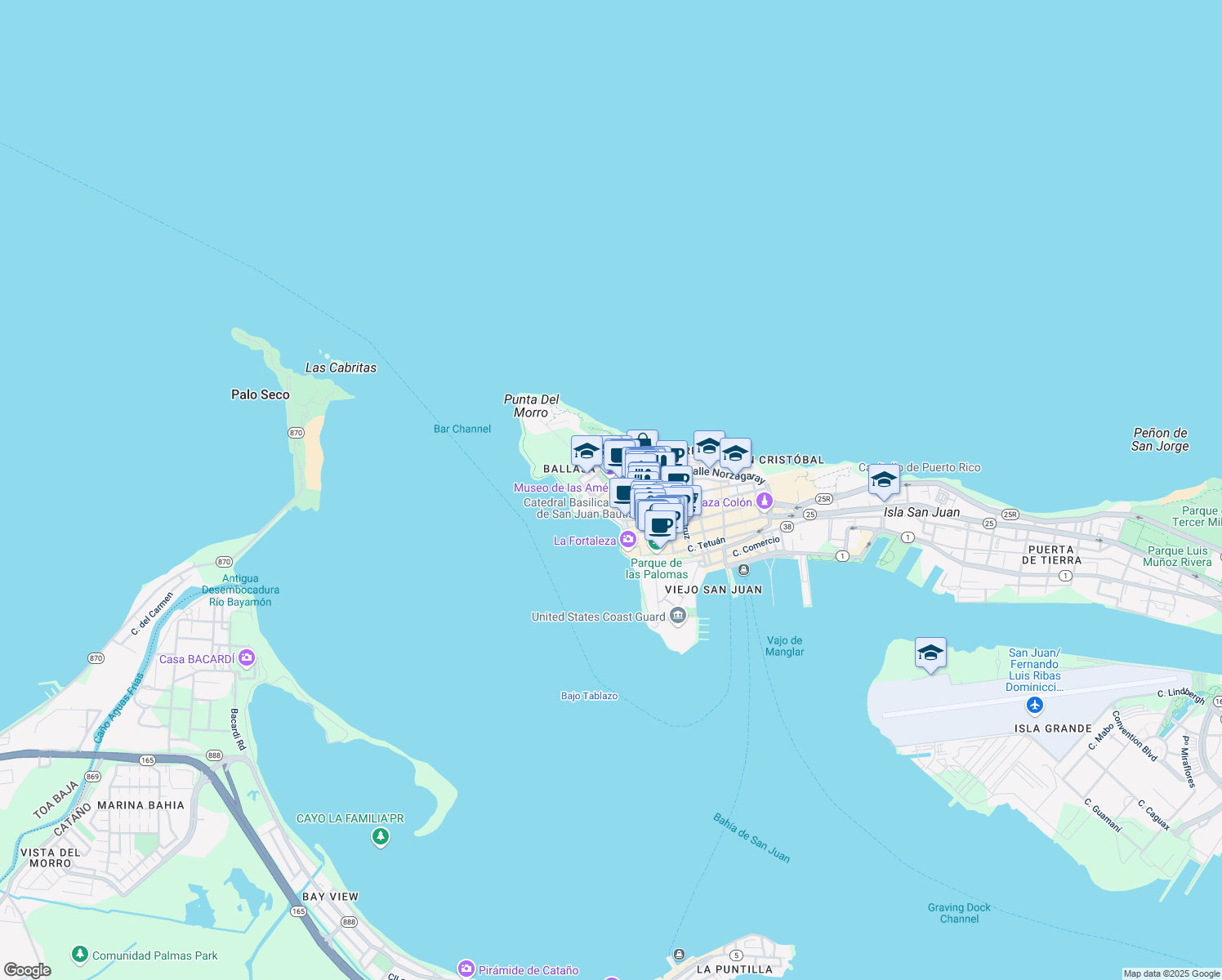 map of restaurants, bars, coffee shops, grocery stores, and more near Calle Doctor Francisco Rufino de Goenaga in San Juan
