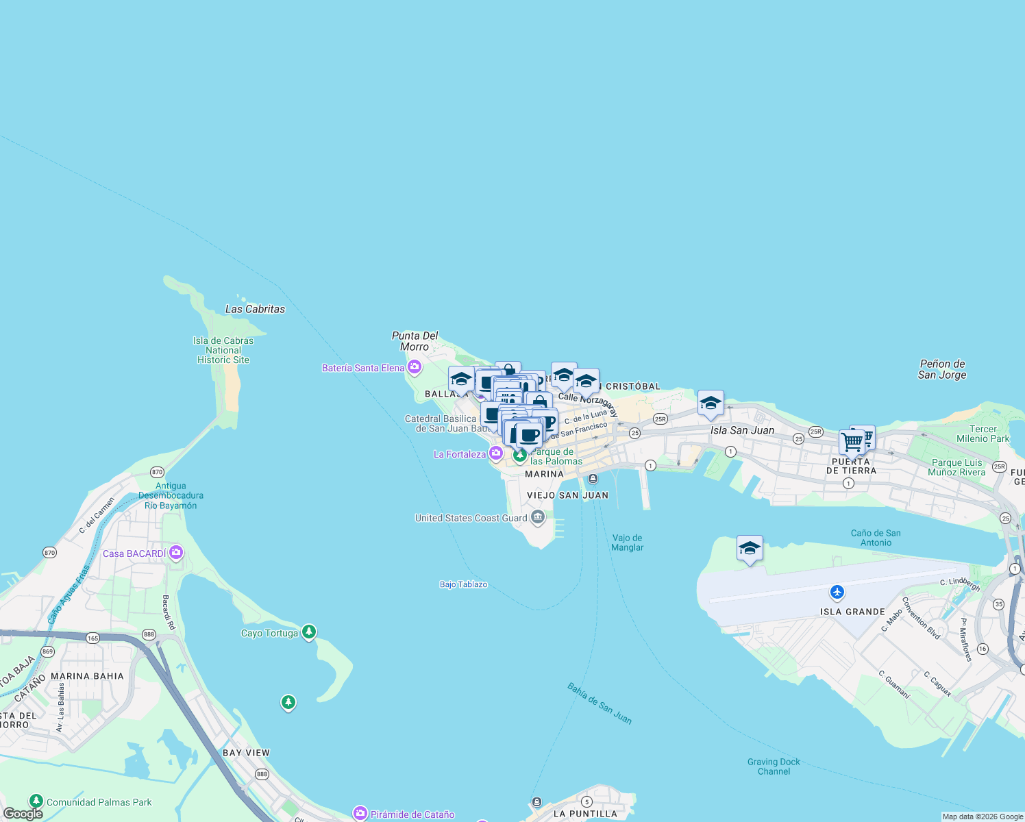 map of restaurants, bars, coffee shops, grocery stores, and more near in San Juan