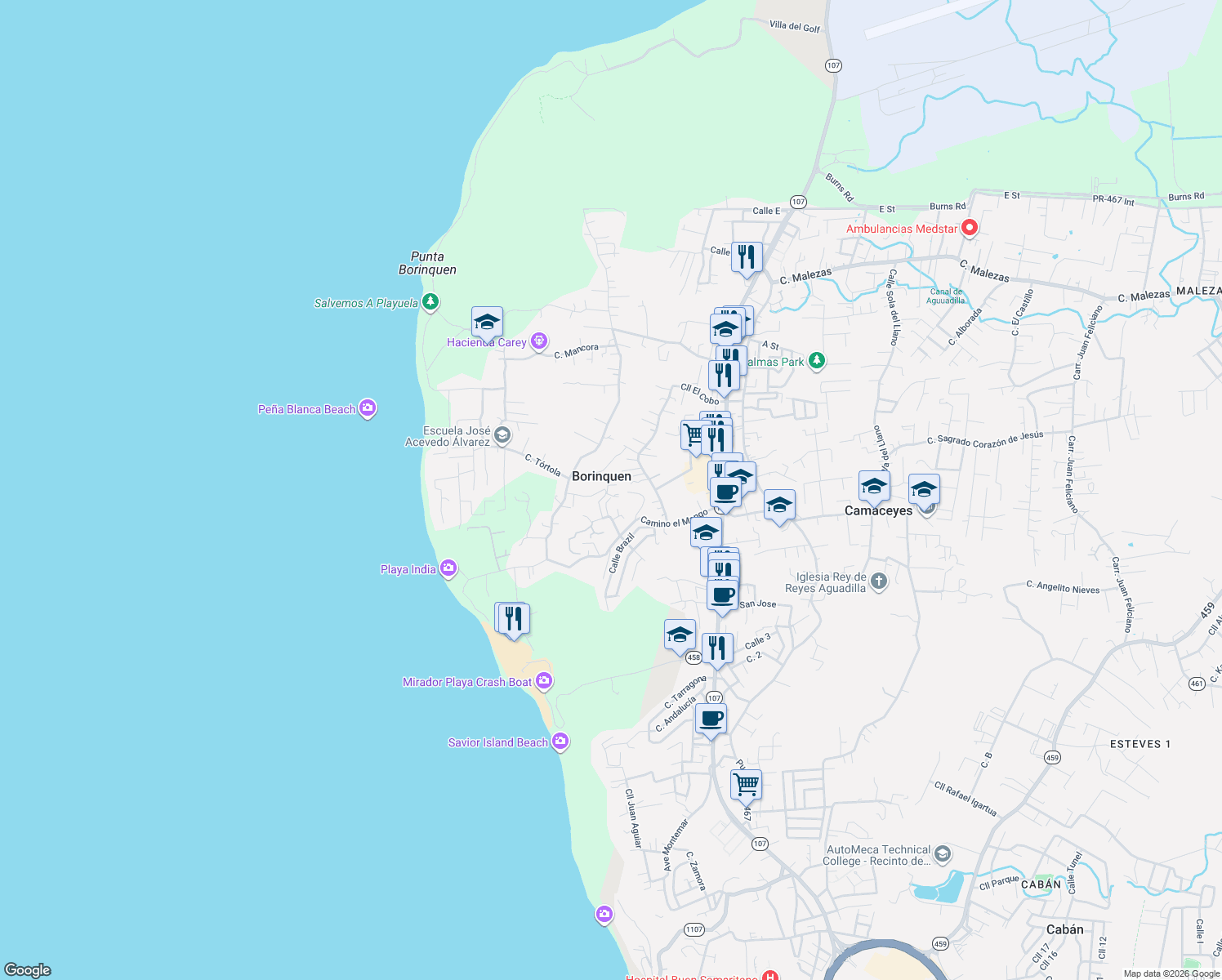 map of restaurants, bars, coffee shops, grocery stores, and more near in Borinquen