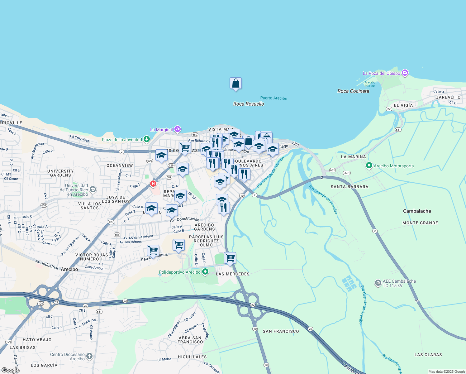 map of restaurants, bars, coffee shops, grocery stores, and more near Avenida Esteban Padilla in Arecibo