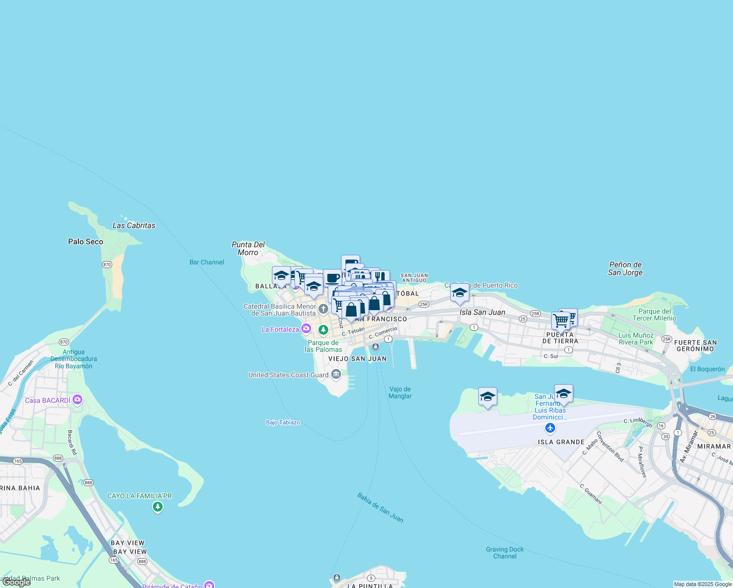 map of restaurants, bars, coffee shops, grocery stores, and more near Calle Jose Celso Barbosa in San Juan