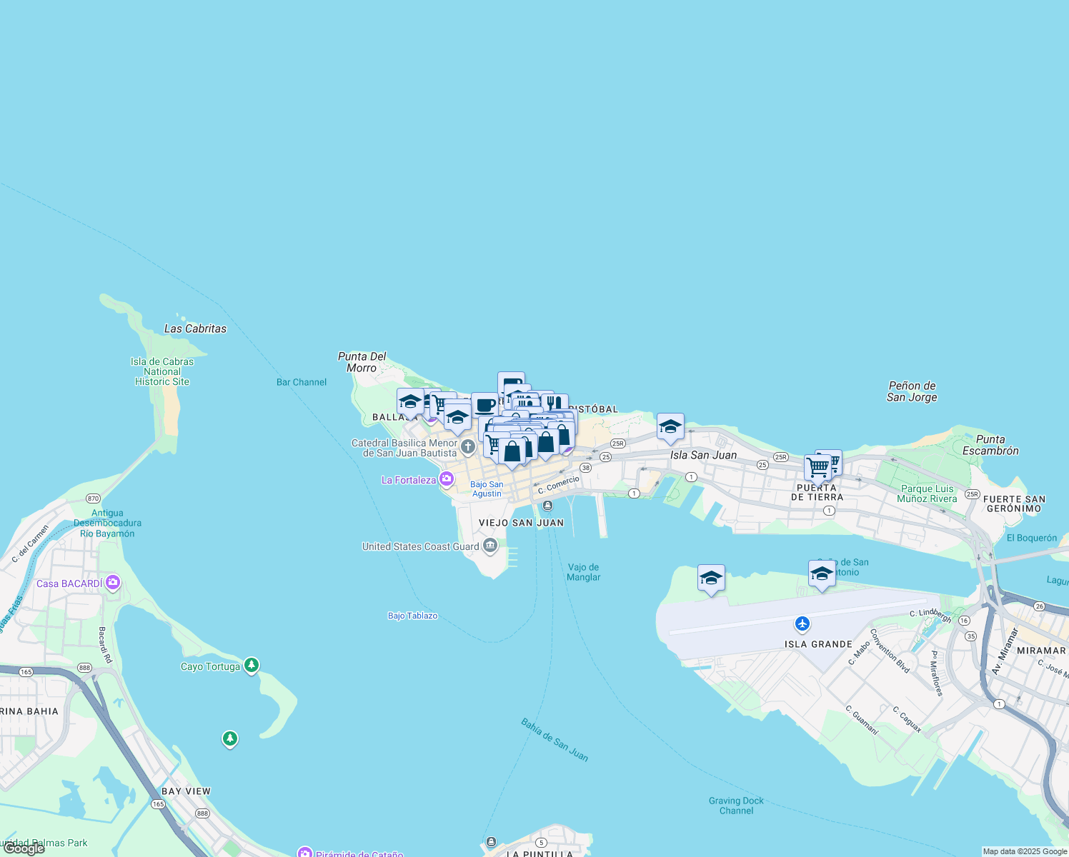 map of restaurants, bars, coffee shops, grocery stores, and more near Calle Jose Celso Barbosa in San Juan