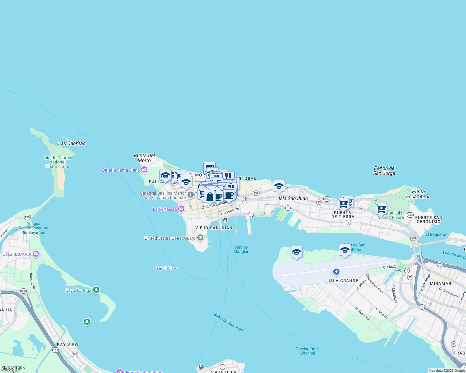 map of restaurants, bars, coffee shops, grocery stores, and more near 669 Sol Street in San Juan