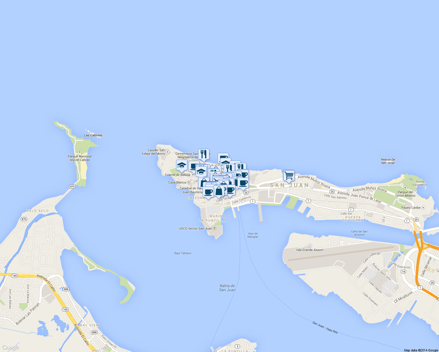 map of restaurants, bars, coffee shops, grocery stores, and more near 260 Calle Norzagaray in San Juan