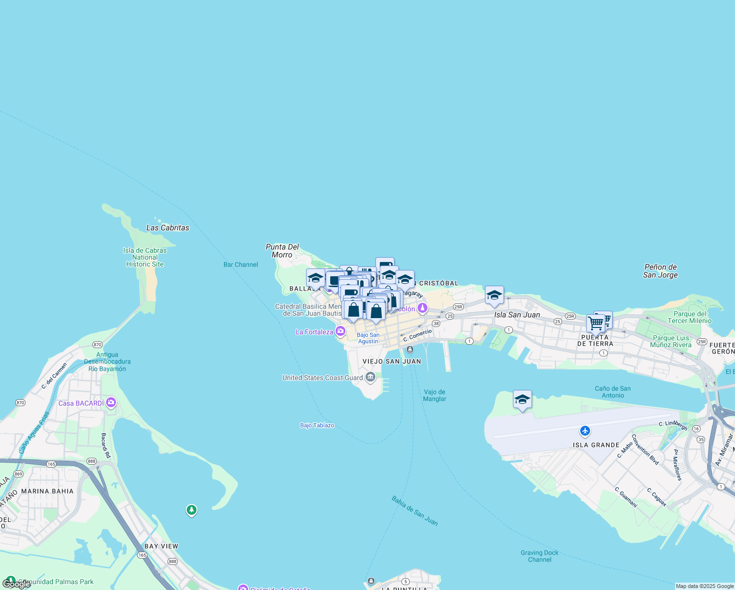 map of restaurants, bars, coffee shops, grocery stores, and more near in San Juan