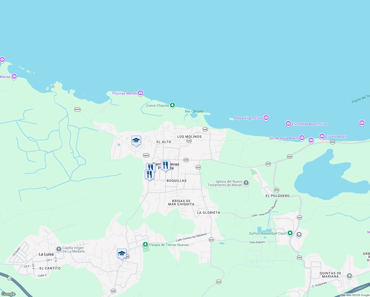 map of restaurants, bars, coffee shops, grocery stores, and more near Prairie-684 in Manatí