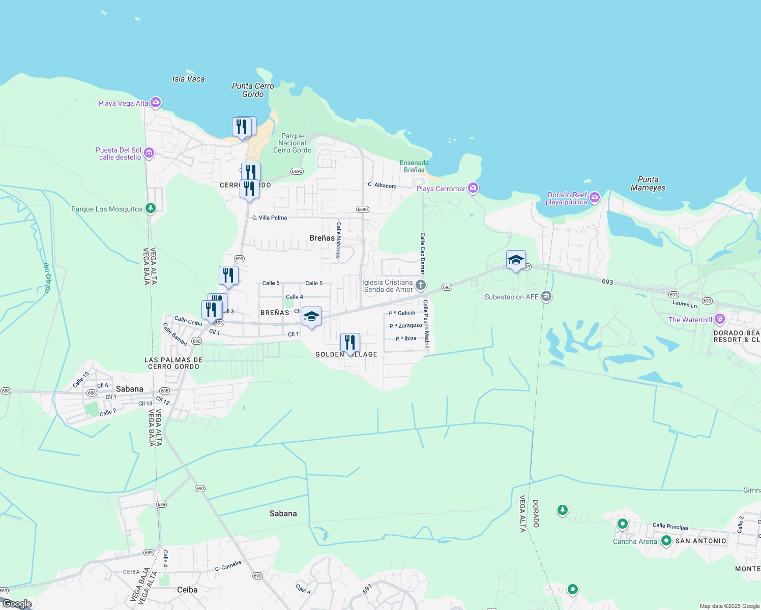 map of restaurants, bars, coffee shops, grocery stores, and more near Highway 693 in Dorado
