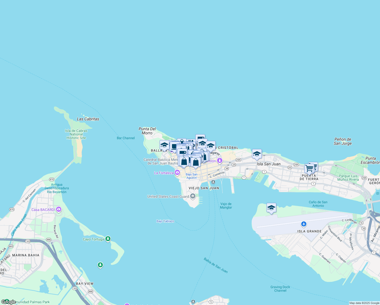 map of restaurants, bars, coffee shops, grocery stores, and more near in San Juan