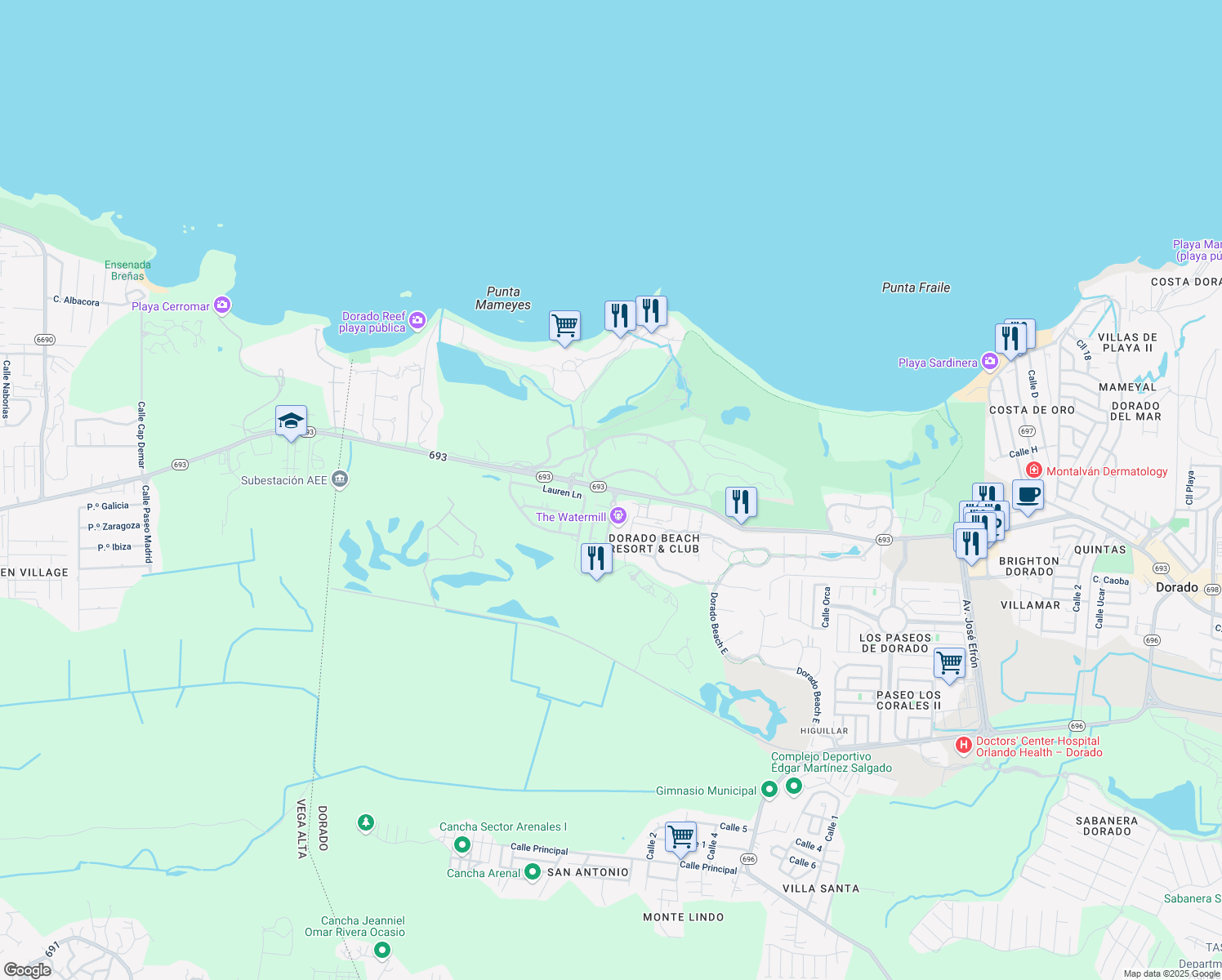 map of restaurants, bars, coffee shops, grocery stores, and more near Carretera Puerto Rico 693 in Dorado